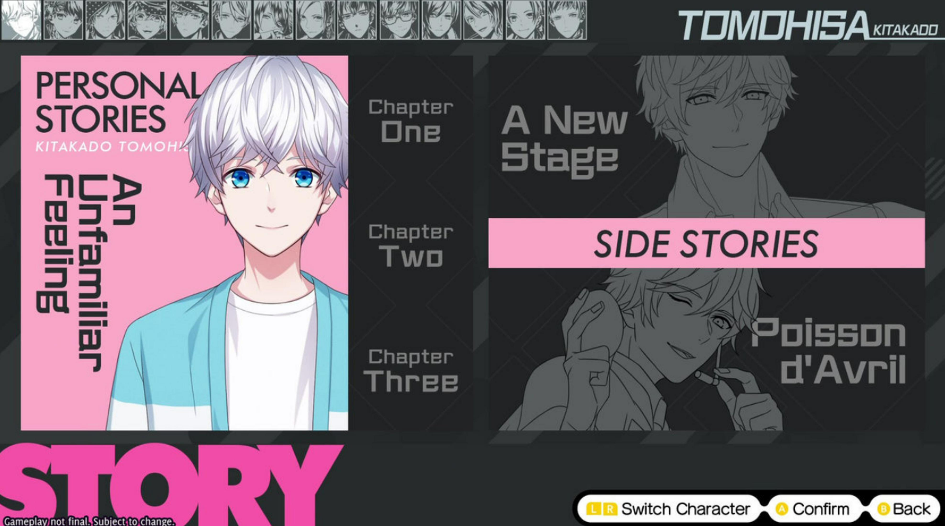 Anime-Charakter mit weißen Haaren und blauen Augen, Spielmenü mit Geschichtenoptionen.
