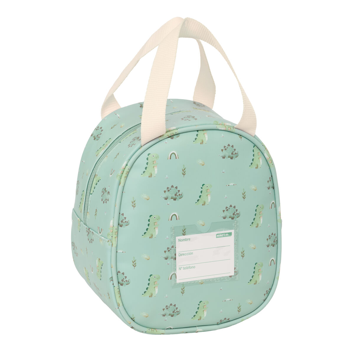 Eine mintgrüne Tasche mit Dinosaurier- und Regenbogenmuster, mit zwei Trägern.