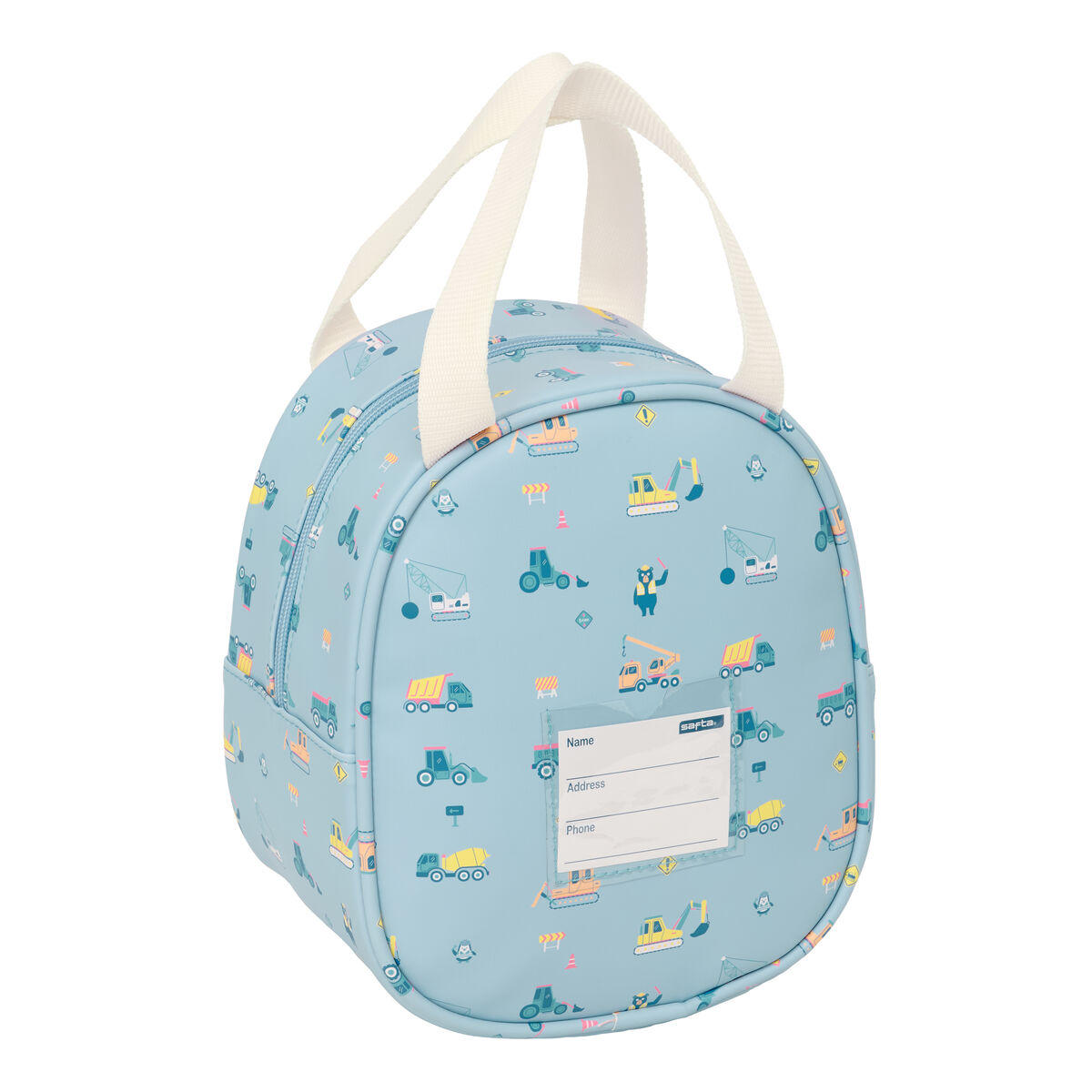 Hellblaue Tasche mit Baustellenmotiven und Tragegriffen. Enthält Namen-Etikett.