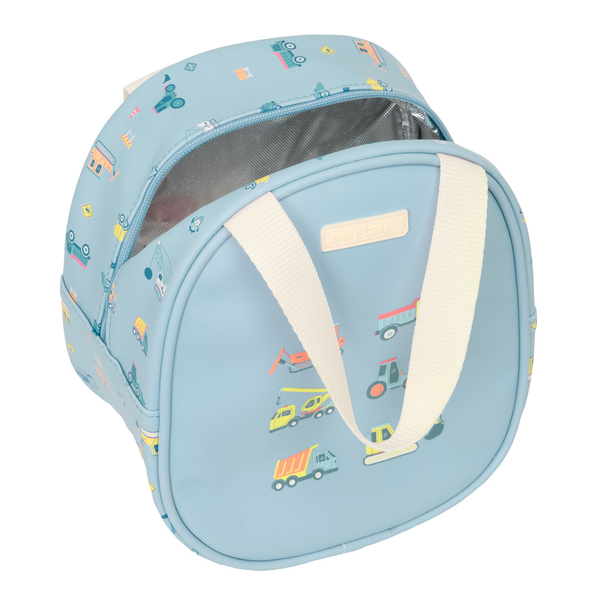 Eine hellblaue Tasche mit Bauarbeiter-Motiven, offen und mit Tragegriffen.