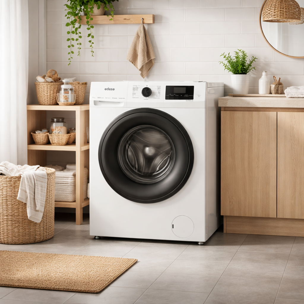 Lavadora blanca con puerta negra en un baño con detalles de madera.