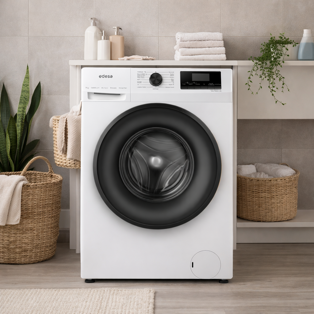 Una lavadora blanca con puerta negra está en un baño.