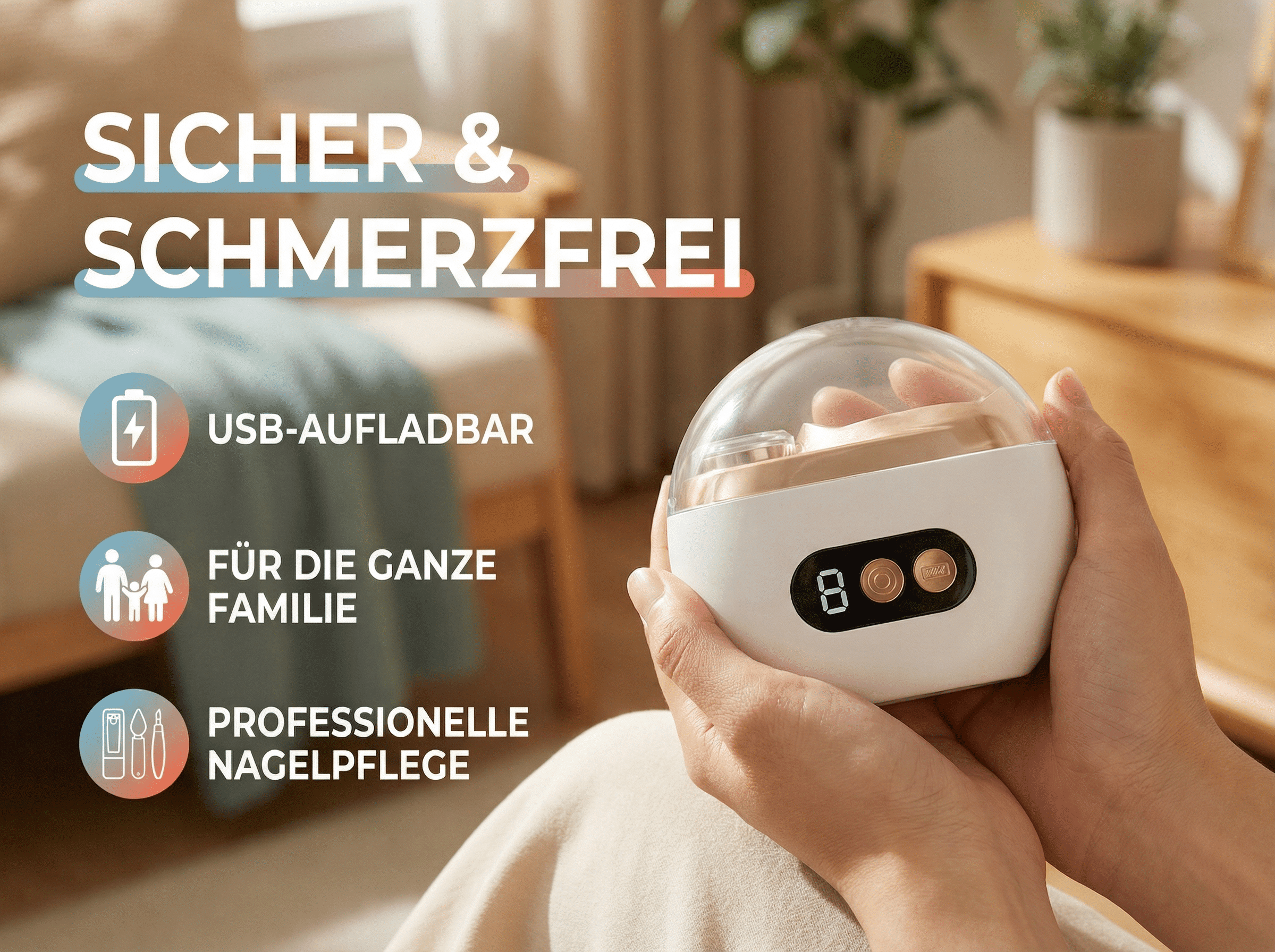 Hände halten ein weißes Nagelpflegegerät mit digitaler Anzeige. Texte: Sicher & Schmerzfrei.