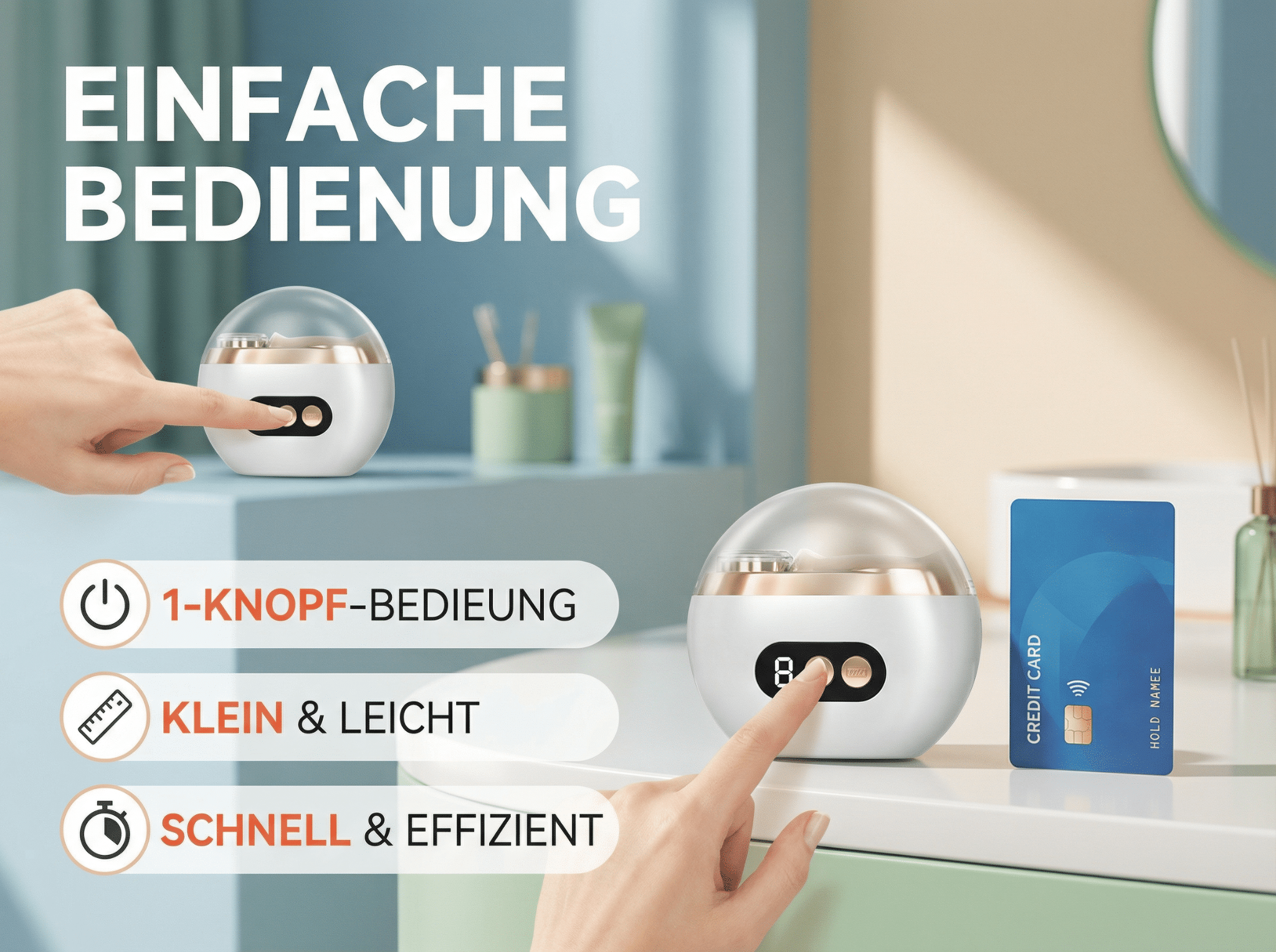 Weiße elektronische Kugel mit zwei Fingern und Kreditkarte daneben.