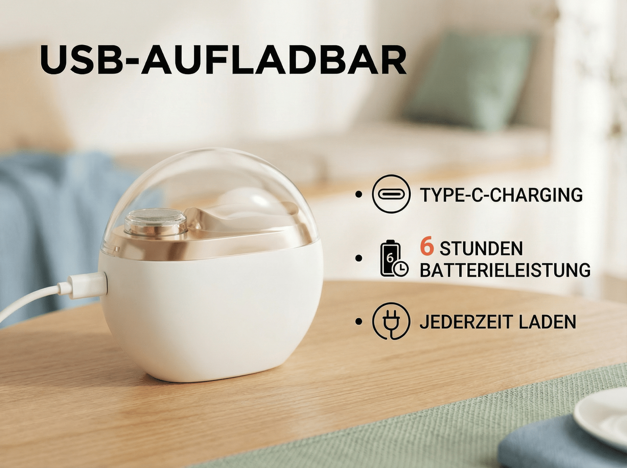 Ein weißes und goldenes Gerät mit klarem Deckel, per USB-C lädt.