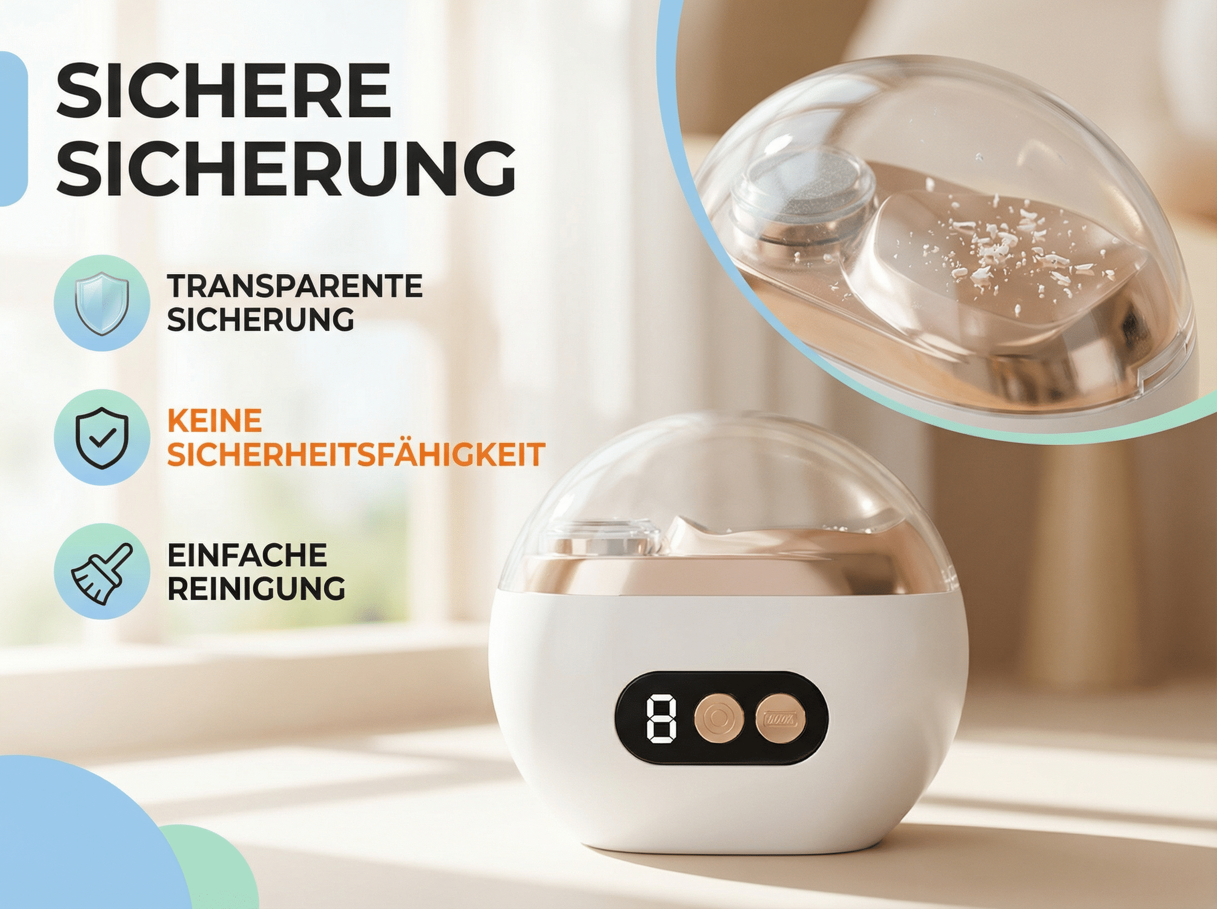 Ein weißes Gerät mit durchsichtigem Deckel, das auf einer Fensterbank steht.