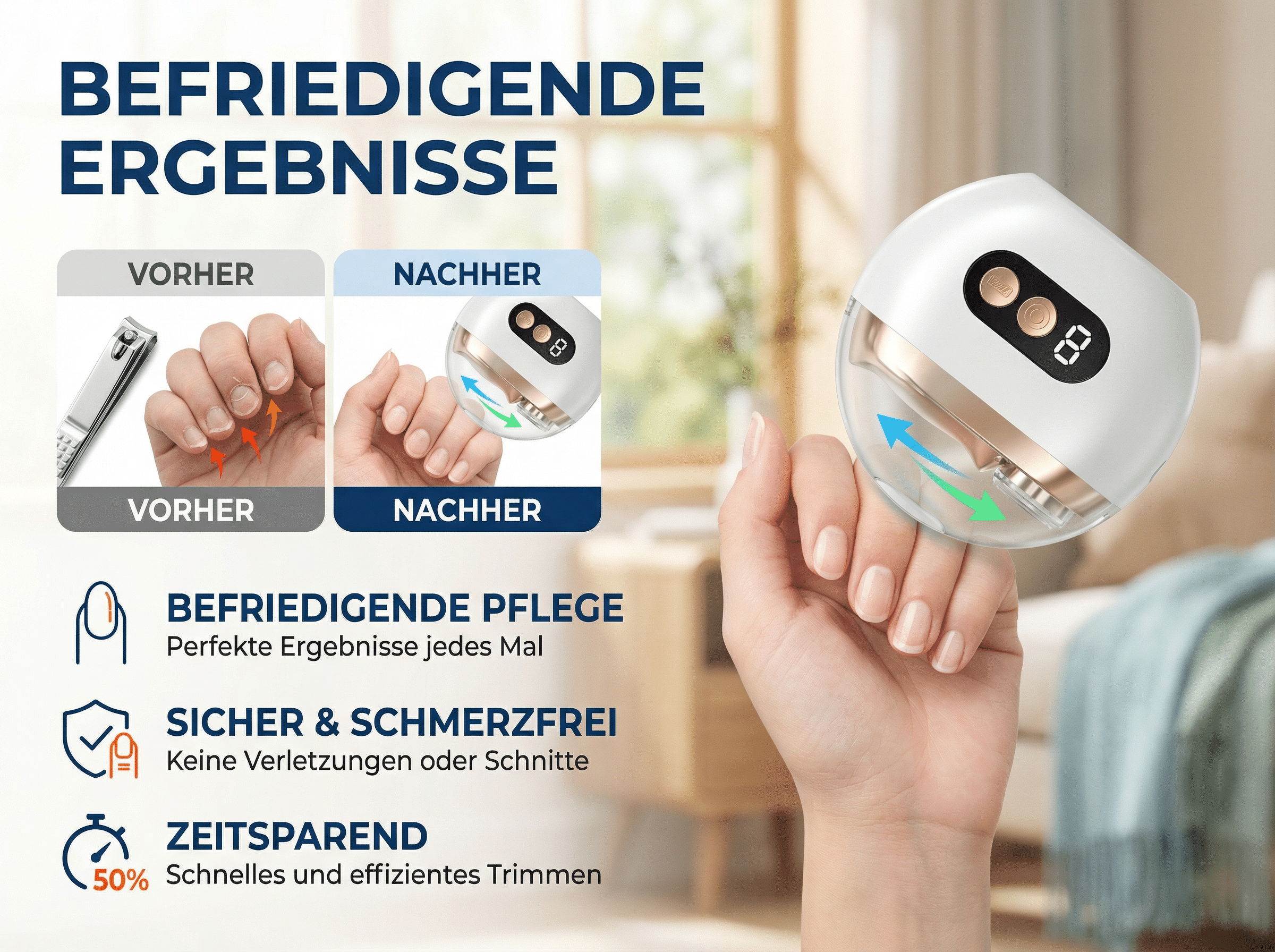 Elektrischer Nageltrimmer zeigt Vorher-Nachher-Ergebnisse und Vorteile.