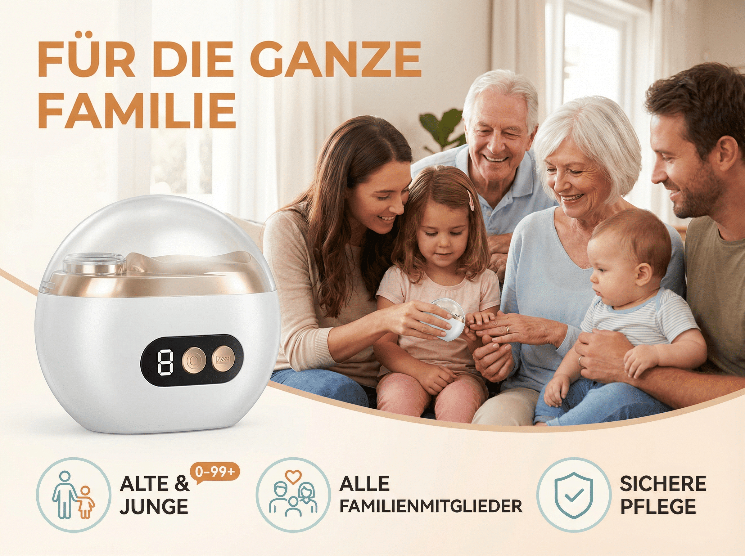 Eine Familie genießt ein Produkt. "Für die ganze Familie".