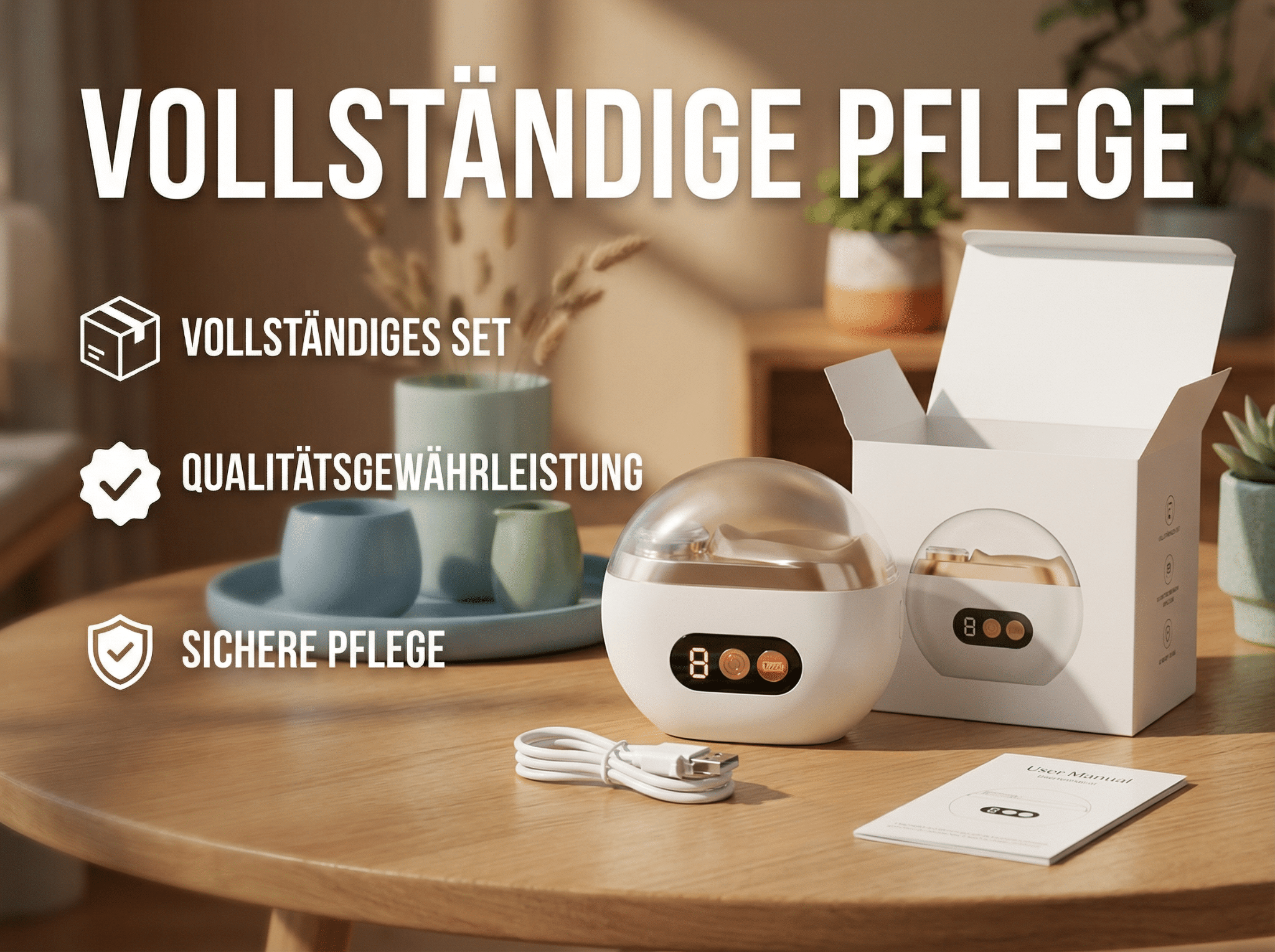 Ein weißes Hautpflegegerät mit Ladeanschluss und Bedienungsanleitung auf einem Holztisch.