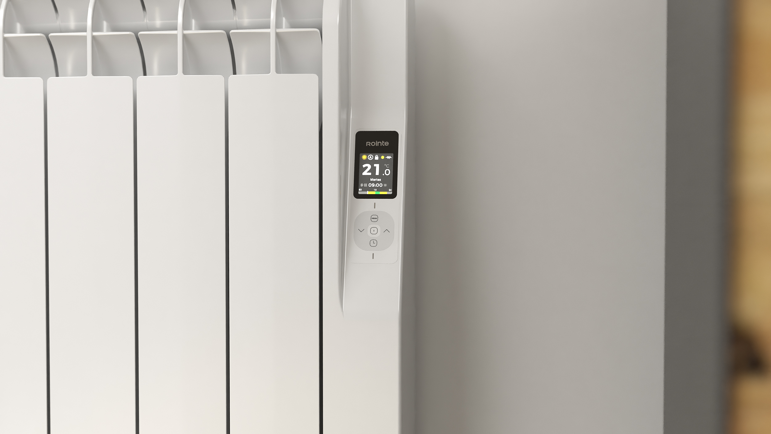 Un radiador blanco con pantalla digital que muestra 21 grados.