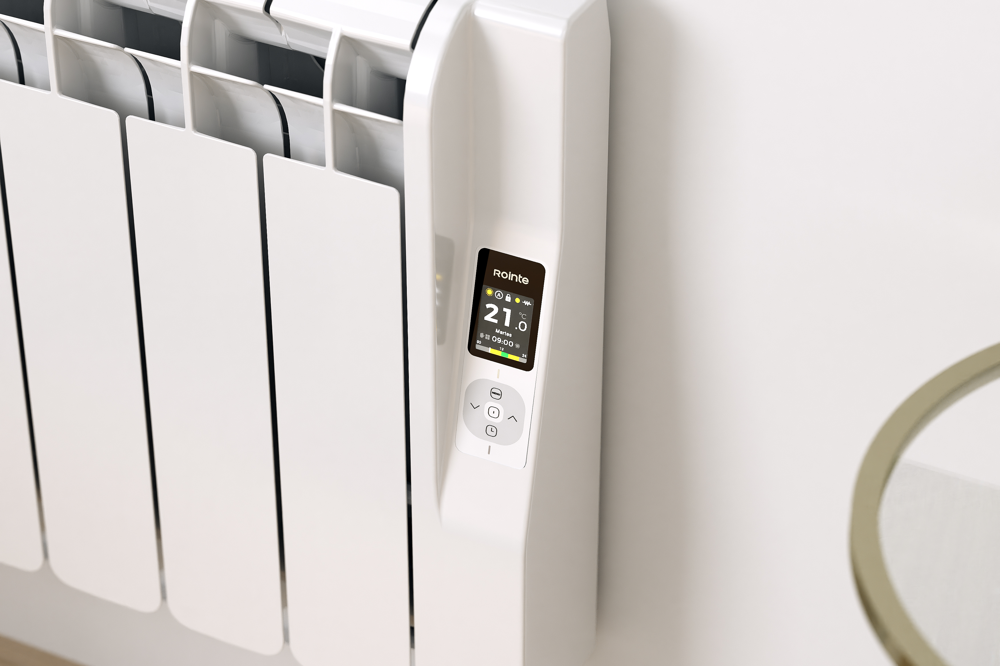 Un radiador blanco con pantalla digital muestra 21 grados Celsius y martes, 09:00.