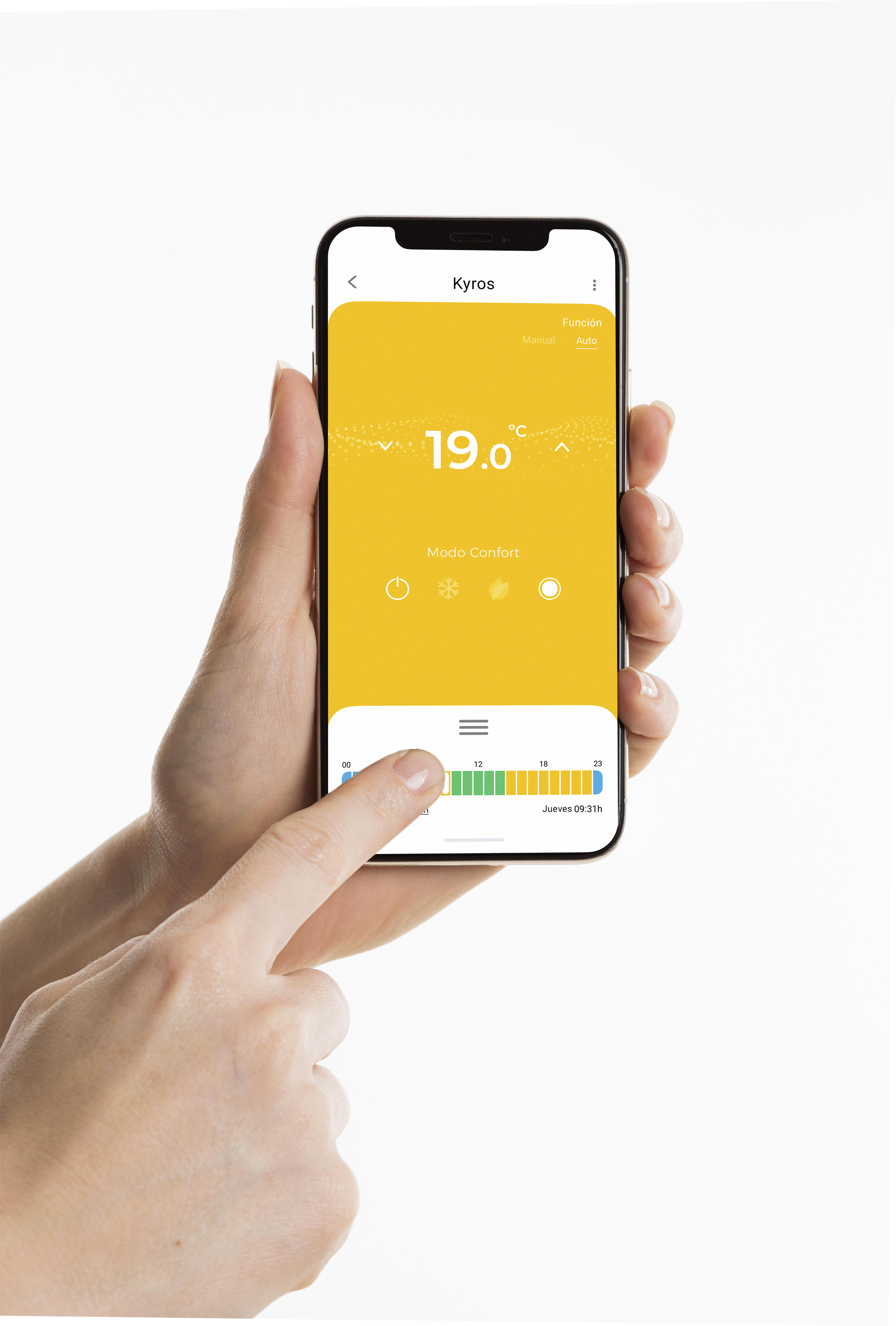 Un smartphone muestra una app de calefacción con 19 grados y modo confort.