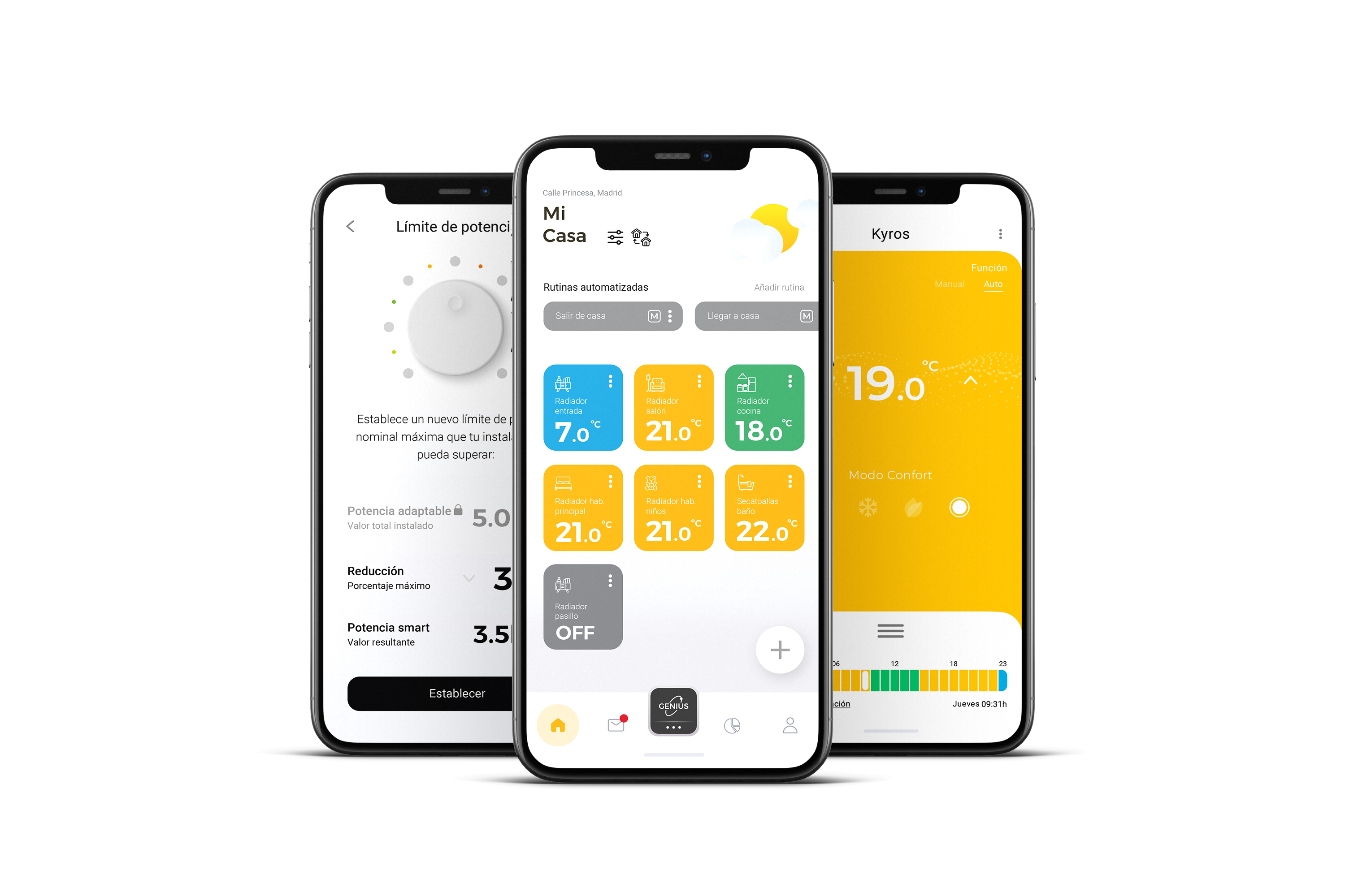 Tres pantallas de smartphone muestran una app de domótica con control de calefacción.