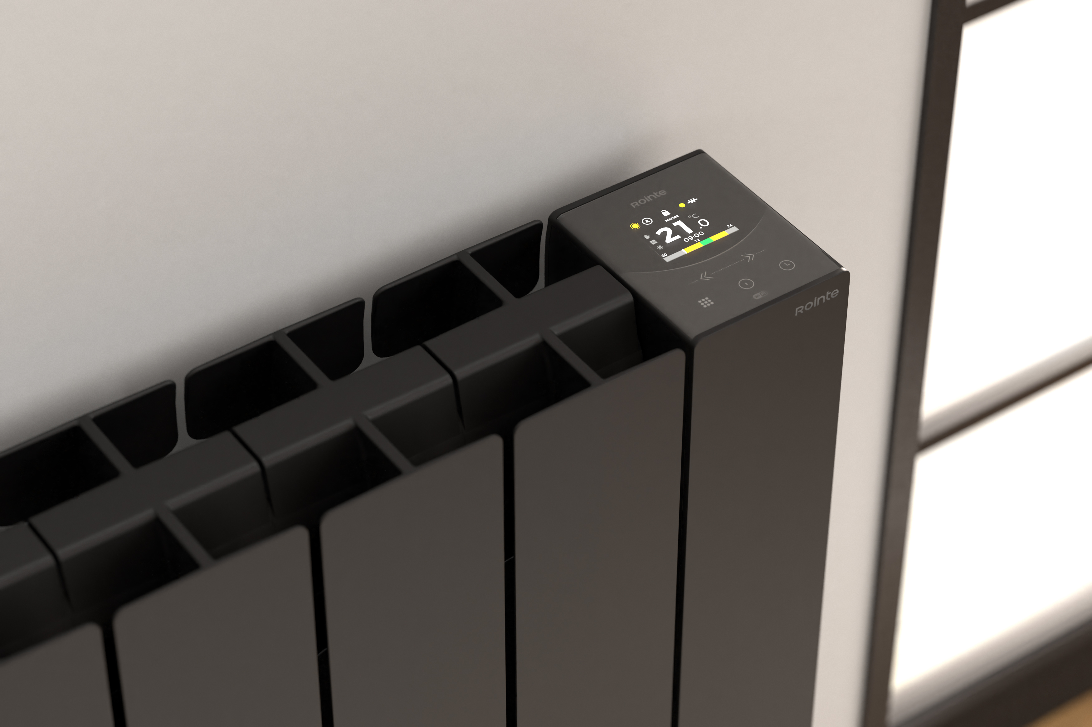 Un radiador negro muestra 21 grados Celsius en su pantalla digital.