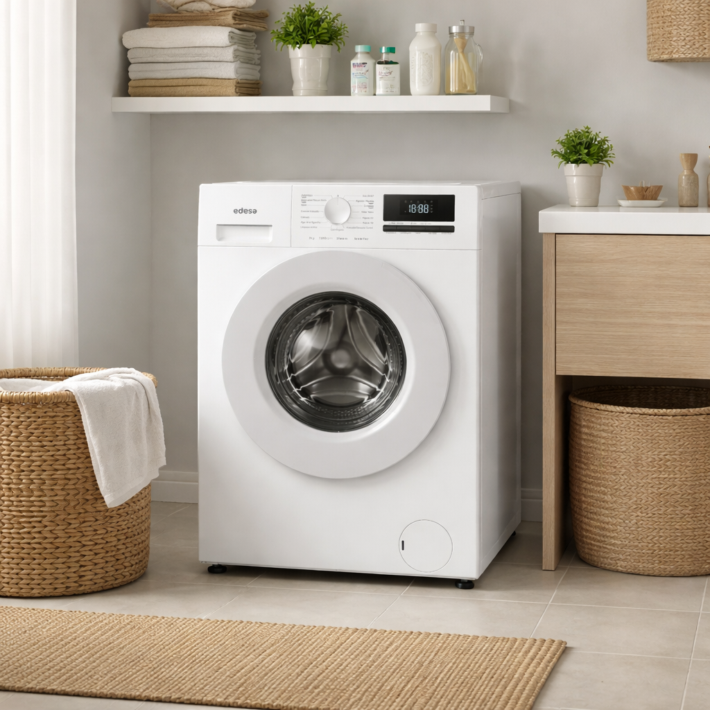 Una lavadora blanca se encuentra en un baño junto a una cesta de ropa.
