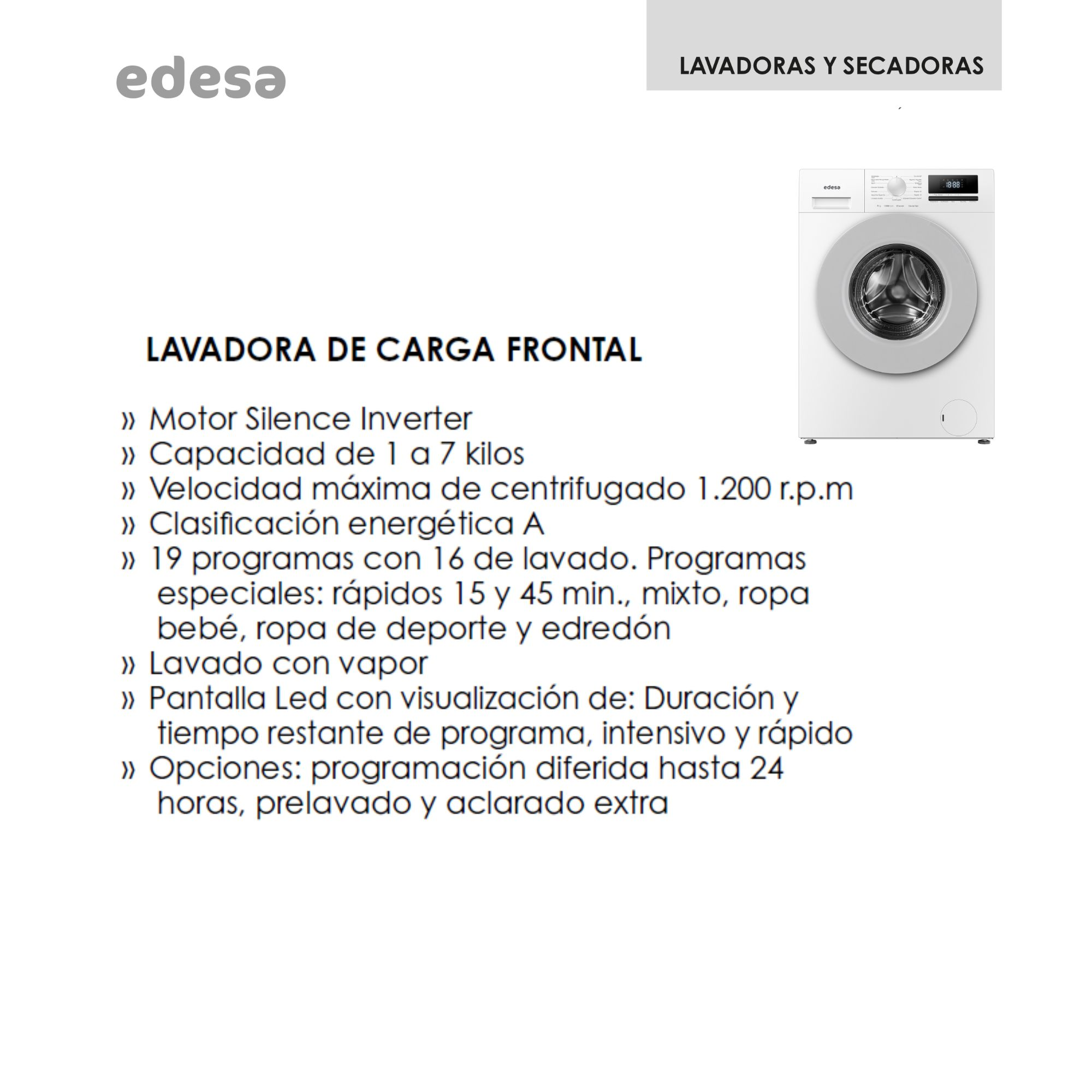 Lavadora Edesa blanca de carga frontal con pantalla digital y selección de programas.
