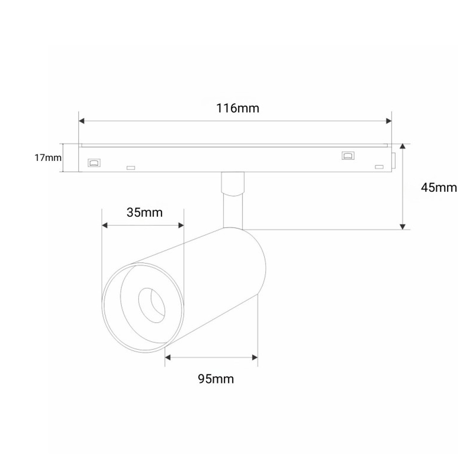 Dibujo técnico de una luminaria con dimensiones: 116mm, 45mm, 17mm, 35mm, 95mm.
