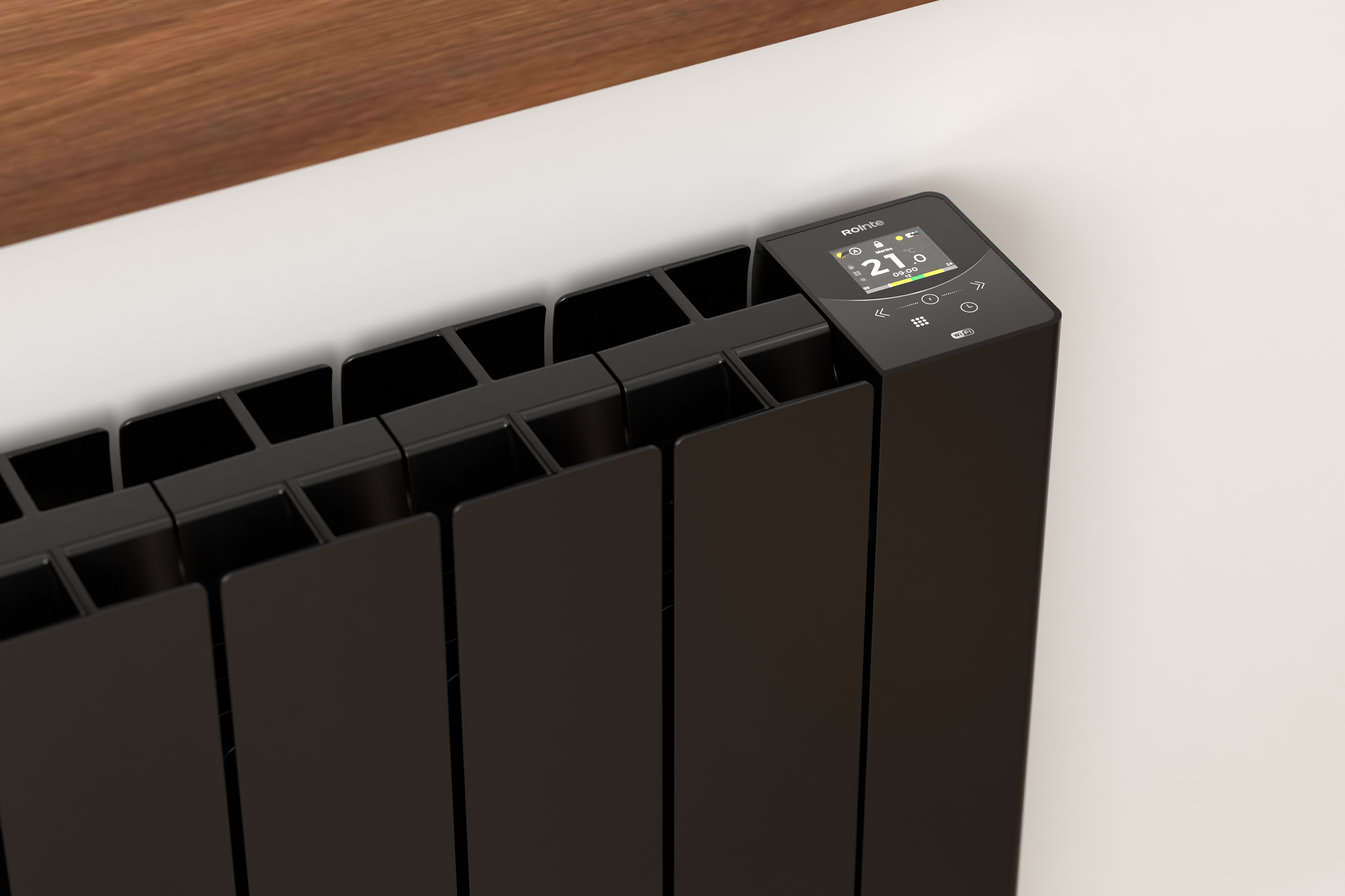 Radiador negro con pantalla digital que muestra 21 grados.