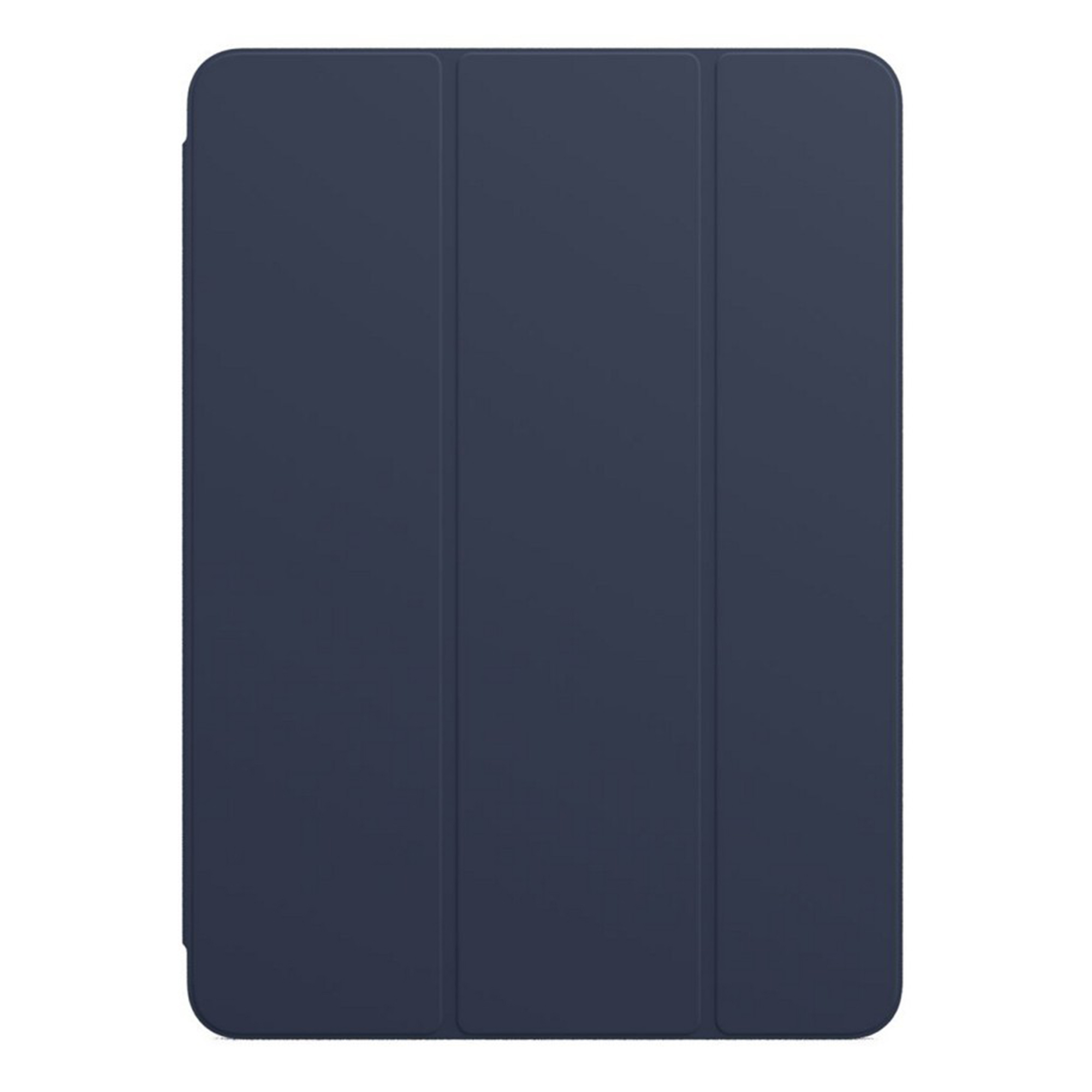 Dark blue tablet case with three folds in a closed position.