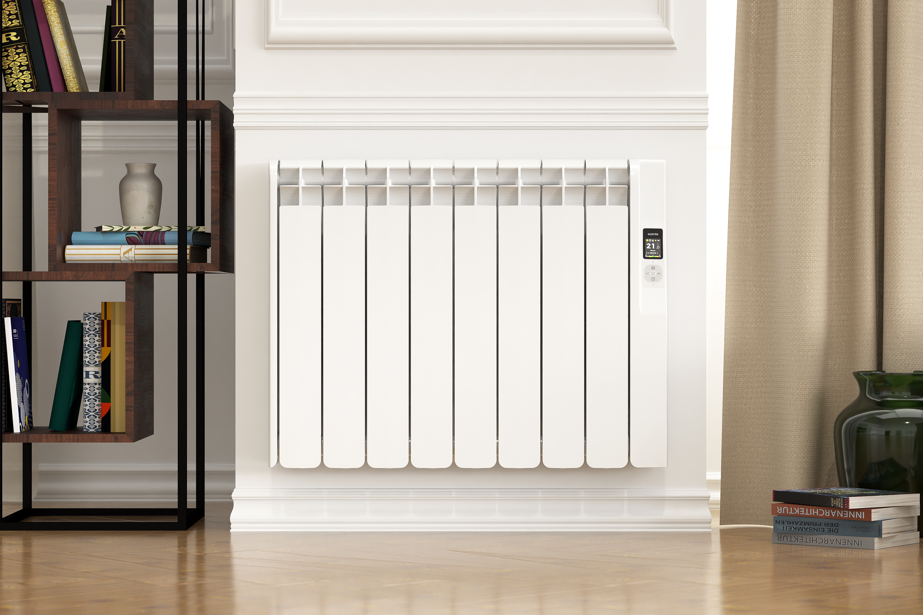 Un radiador blanco con pantalla digital junto a una estantería y cortinas.