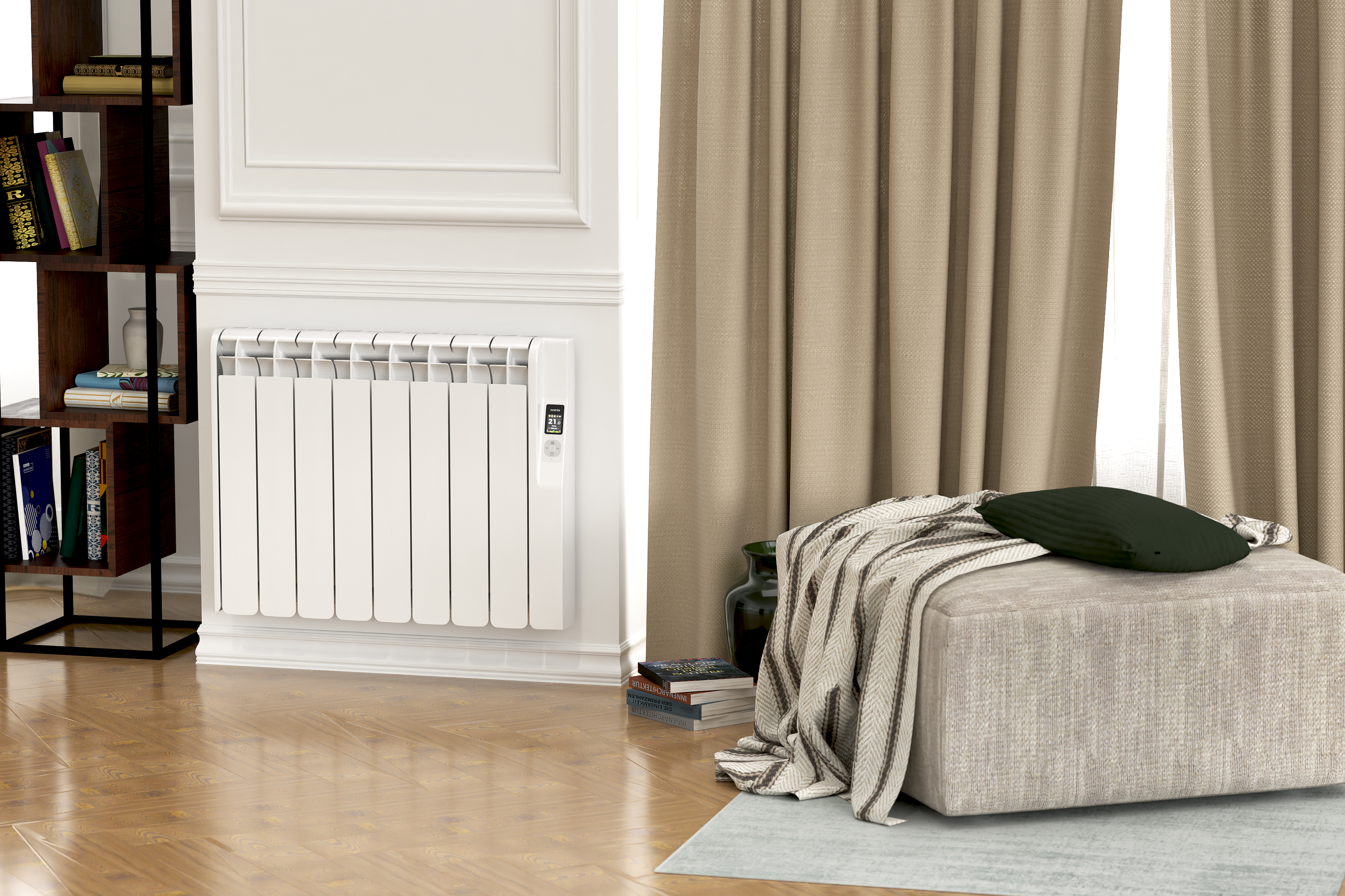Un radiador blanco con pantalla en una pared blanca, junto a una estantería.