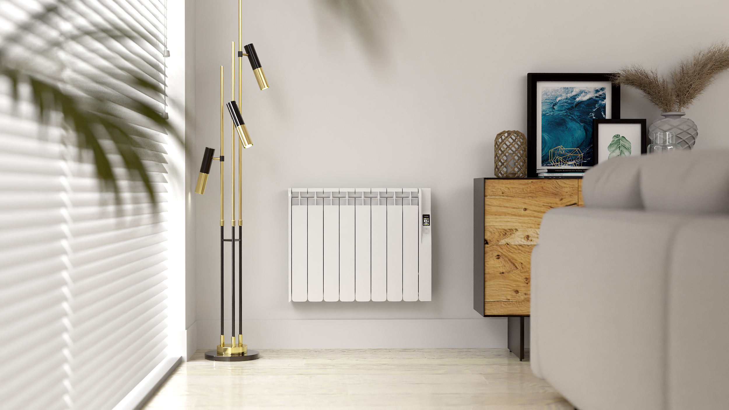 Un radiador blanco cuelga en una pared junto a un mueble de madera con decoración.