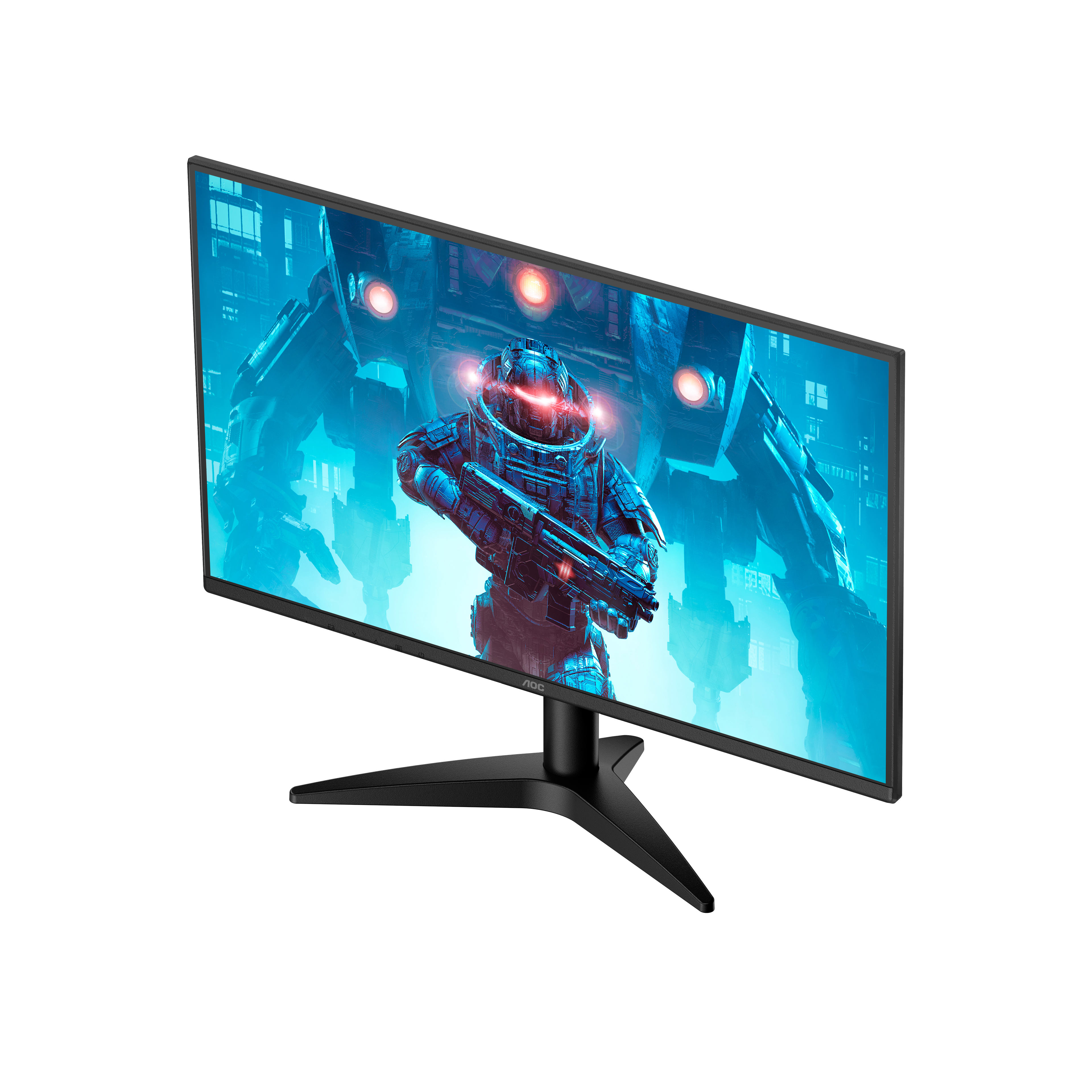 Un monitor muestra un cyborg azul con un arma sobre un fondo futurista.