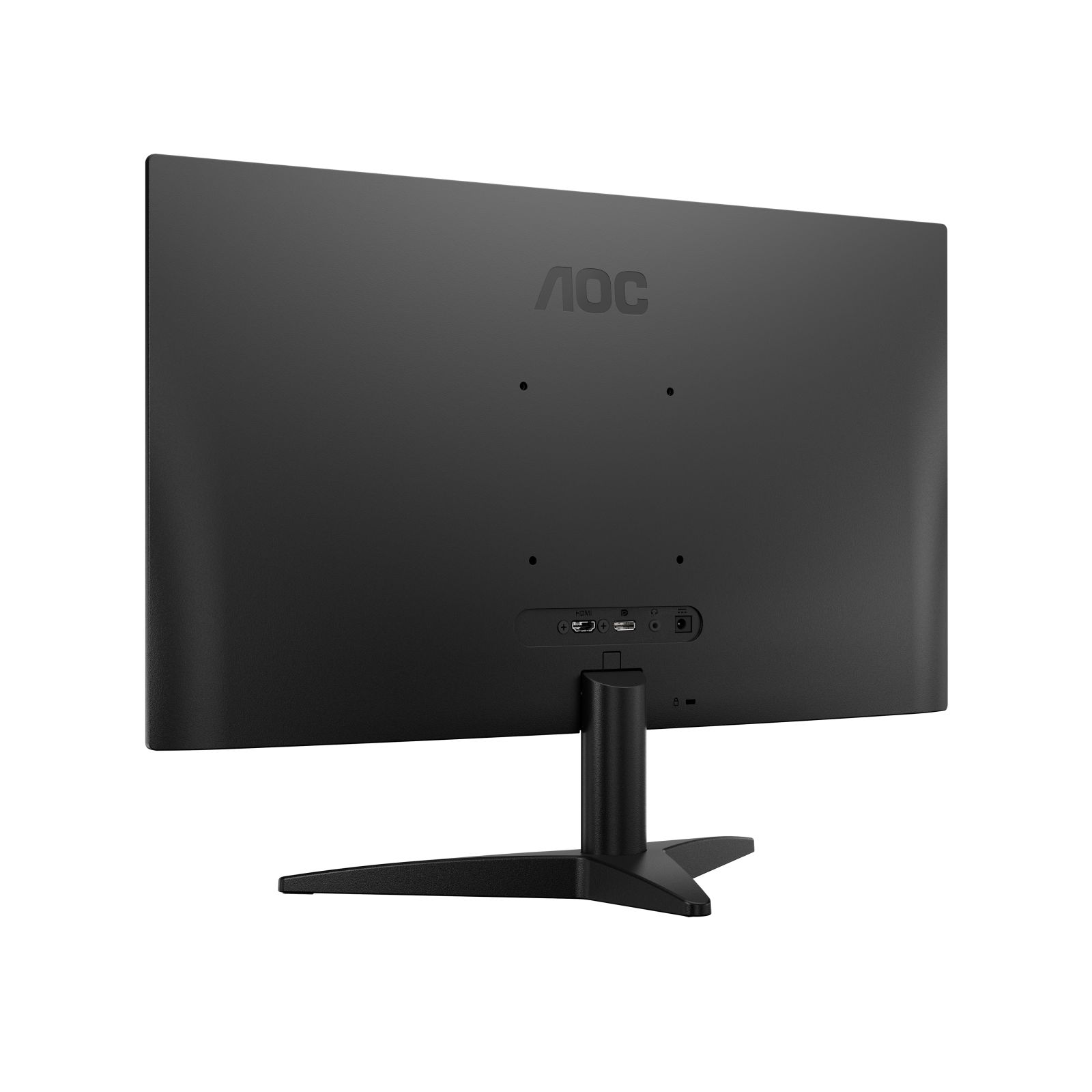 Monitor AOC negro visto desde atrás, con puertos y soporte visibles.
