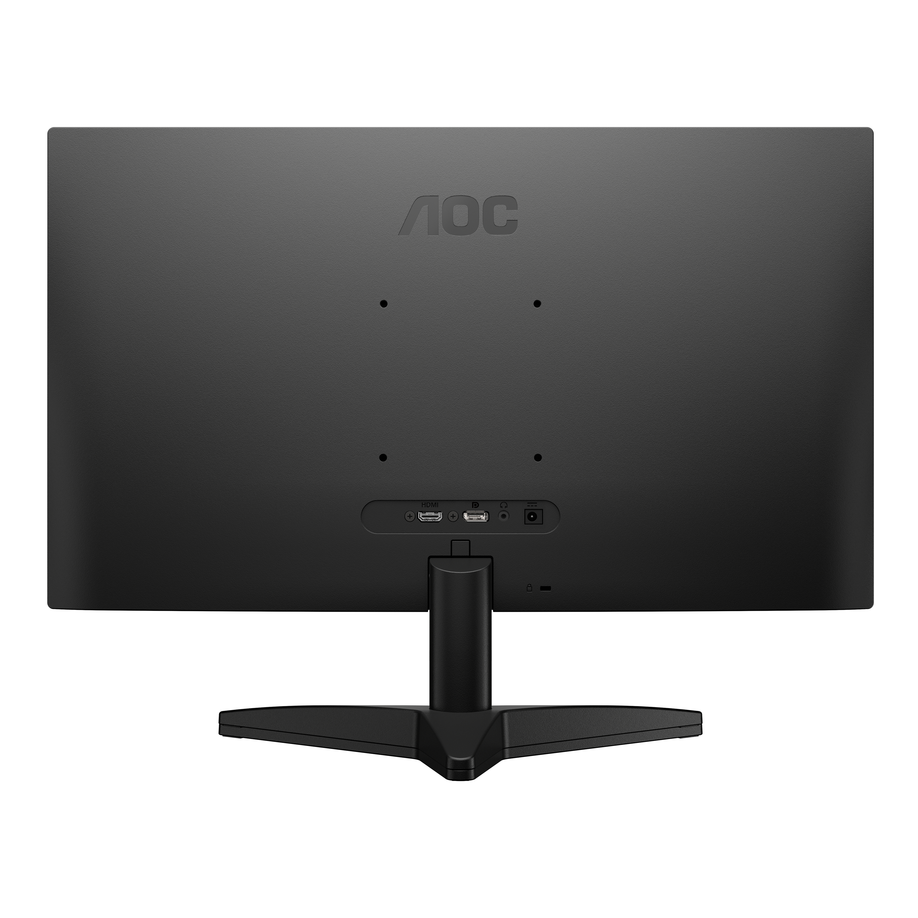 Parte trasera de un monitor AOC negro con puertos y soporte.