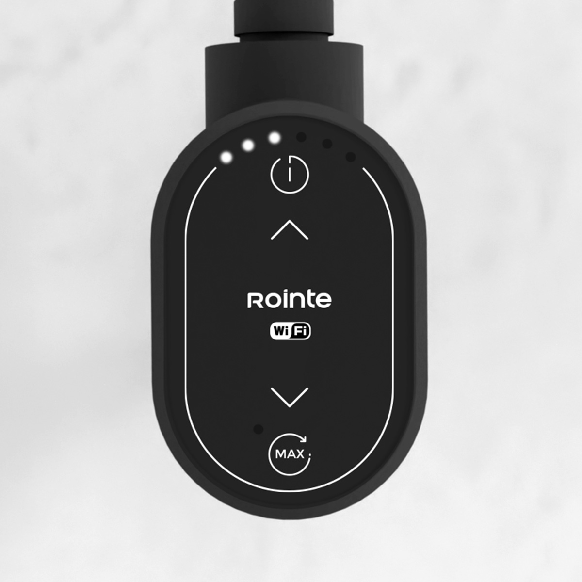 Termostato Roionte negro con Wi-Fi, flechas, icono de encendido e indicadores LED.
