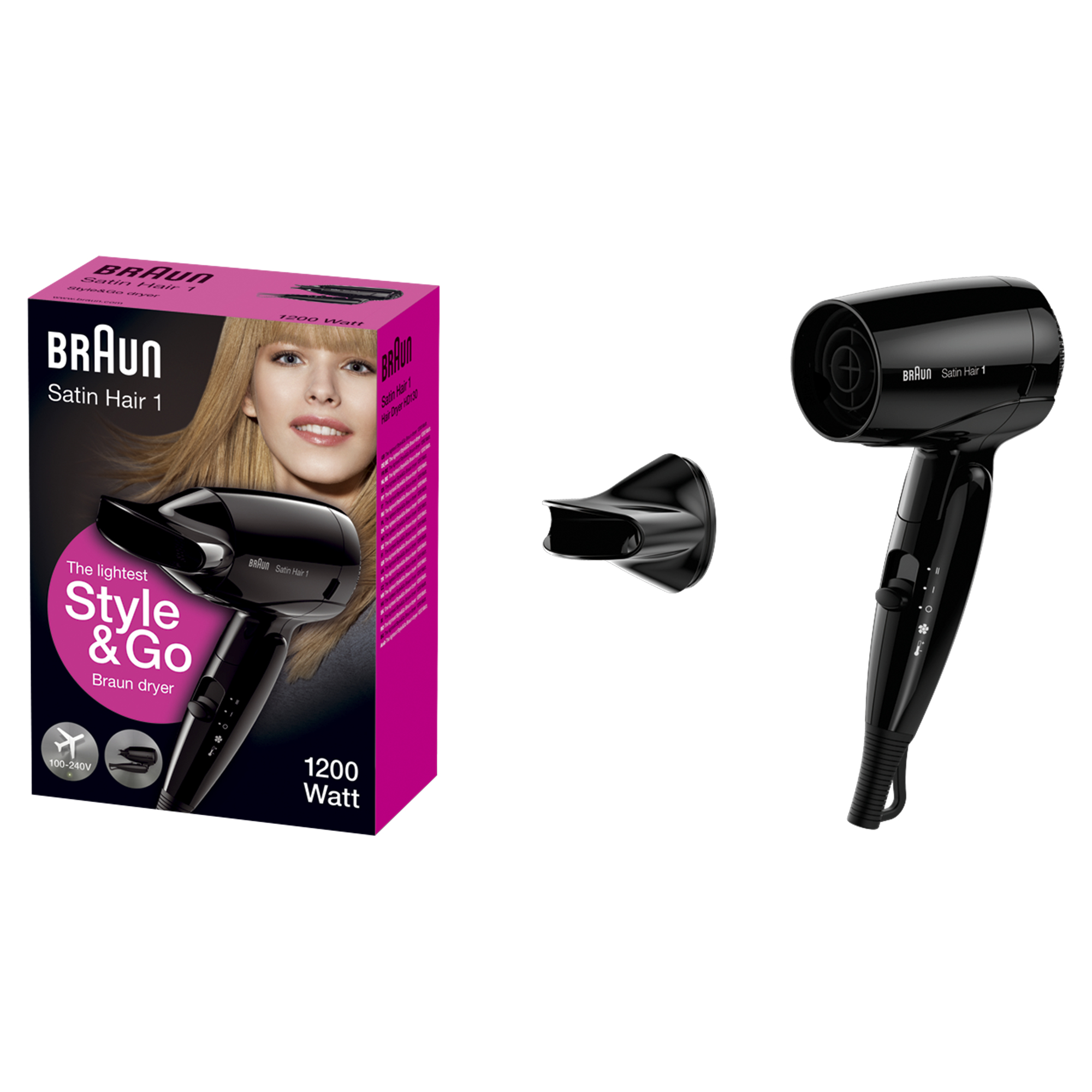 Schwarzer Braun Haartrockner mit Stylingdüse und Verpackung.