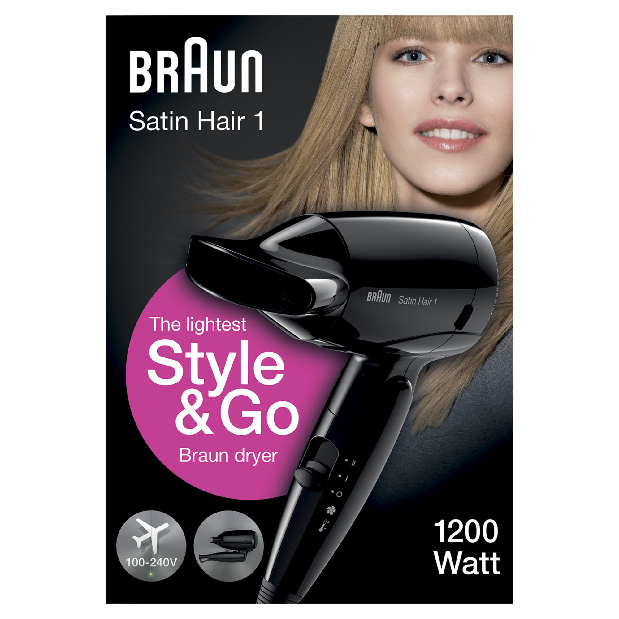 Ein schwarzer Braun Haartrockner mit einem Teil eines Gesichts und Haaren.