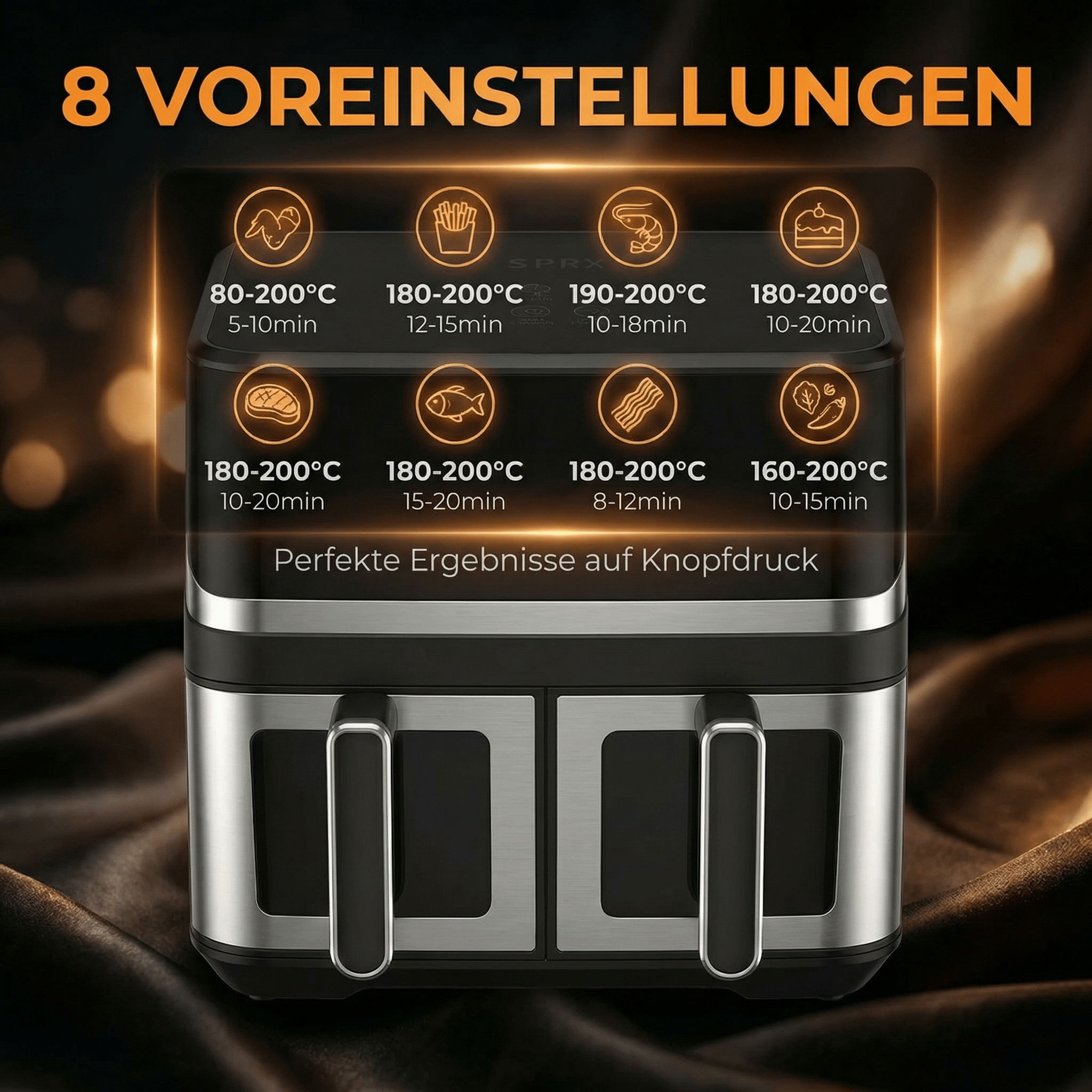 Doppel-Heißluftfritteuse mit 8 Voreinstellungen und digitalen Anzeigen für Temperatur und Zeit.