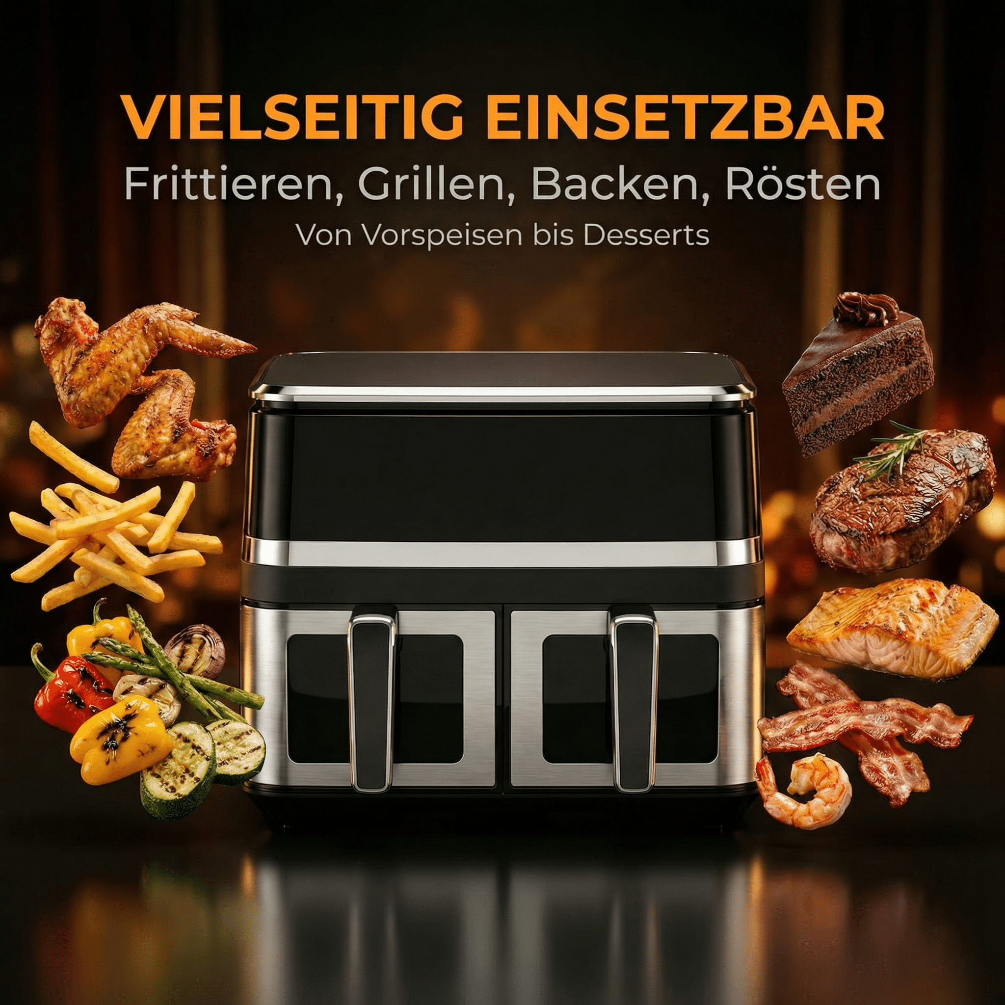 Doppelte Heißluftfritteuse mit Speisen wie Hähnchenflügeln, Pommes, Steak, Kuchen.