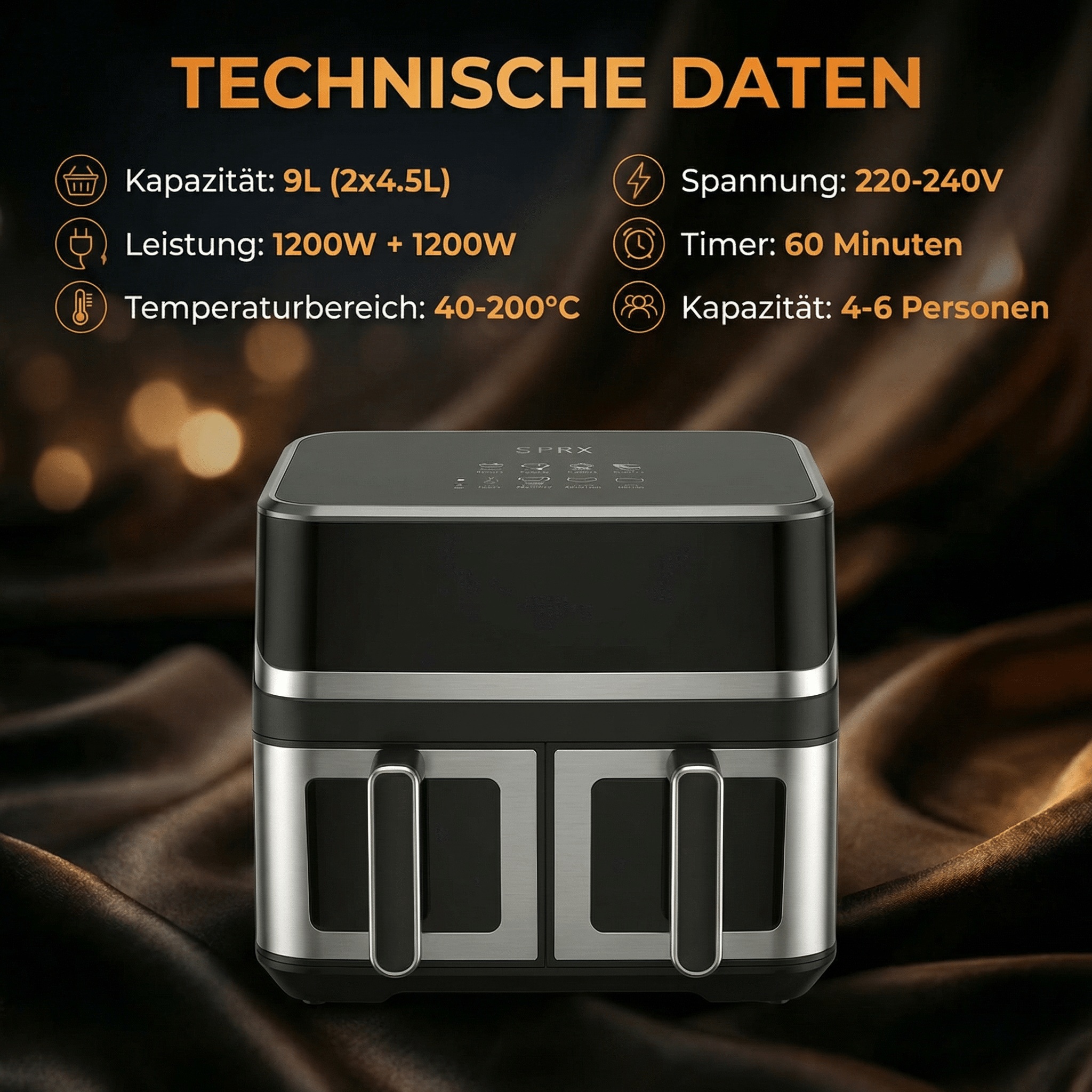 Technische Daten eines schwarzen Heißluftfritteusen mit zwei Schubladen.