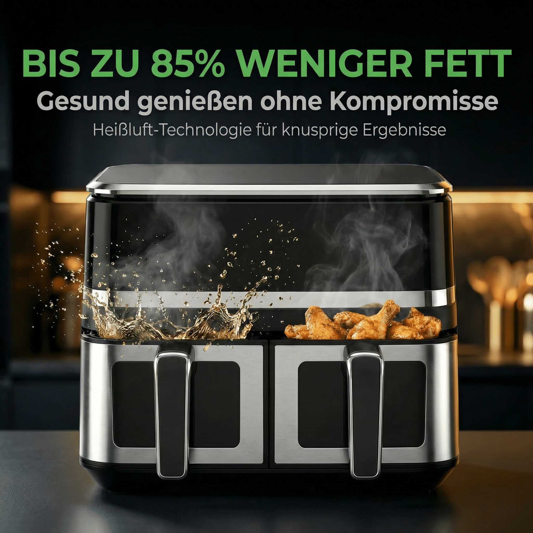 Doppel-Heißluftfritteuse mit brutzelnden Hähnchenflügeln und spritzendem Öl.