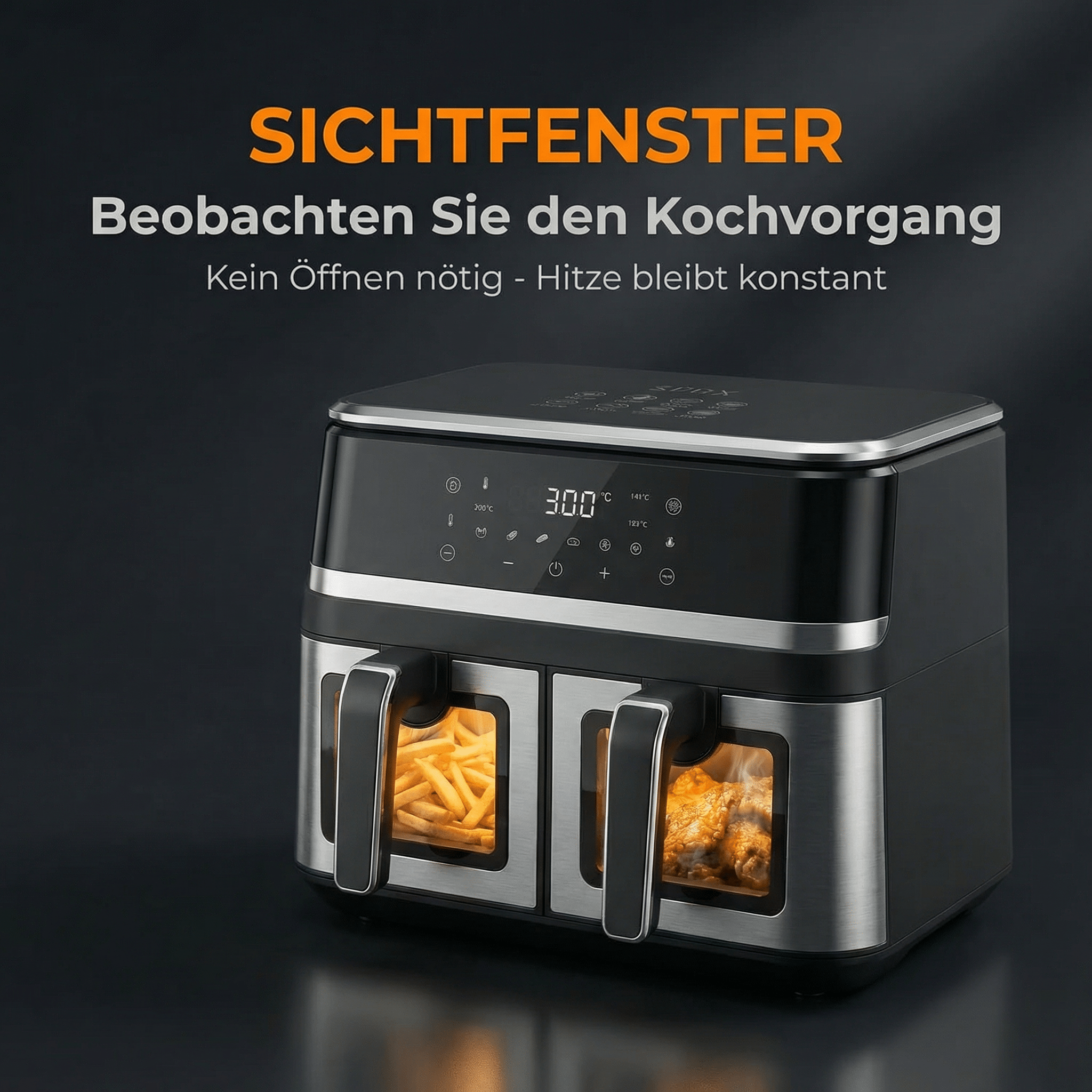 Doppelte Heißluftfritteuse mit Sichtfenstern, gefüllt mit Pommes und Hähnchen.