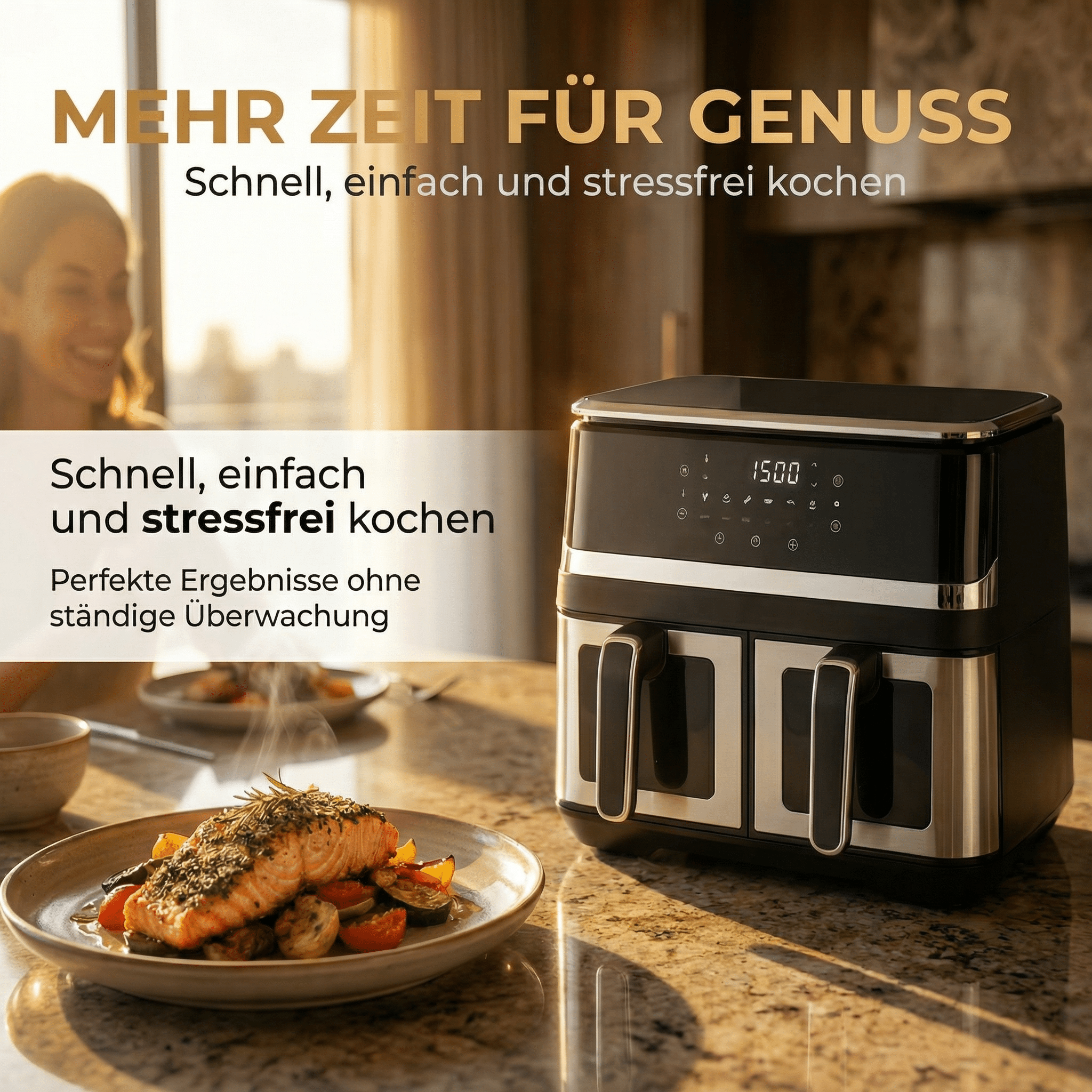 Ein moderner silberner Heißluftfritteuse steht neben einem Teller Lachs.