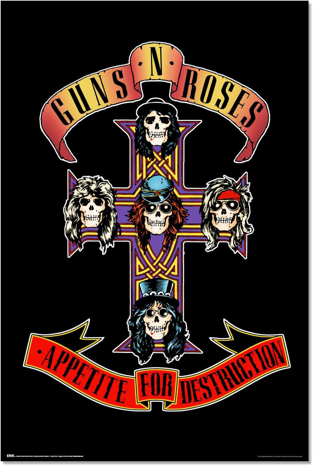 Guns N' Roses Kreuz mit Totenköpfen und Albumtitel "Appetite for Destruction".