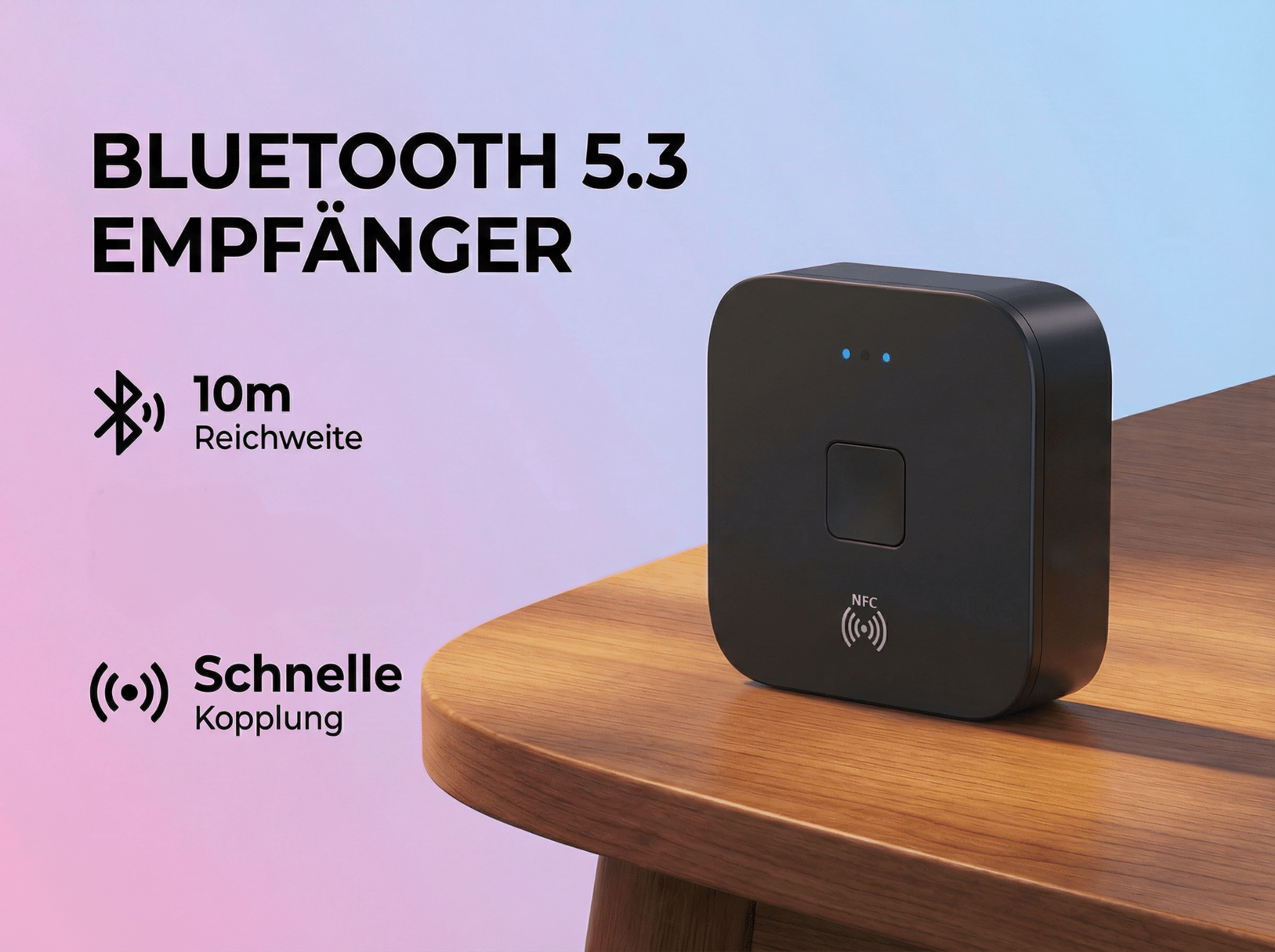 Schwarzer Bluetooth 5.3 Empfänger mit 10m Reichweite auf Holztisch.