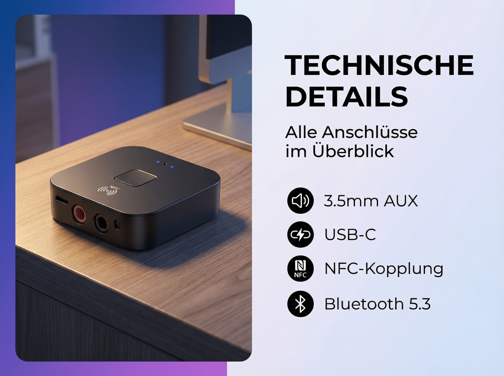 Schwarzer Bluetooth-Empfänger mit 3,5mm AUX, USB-C, NFC und Bluetooth 5.3.