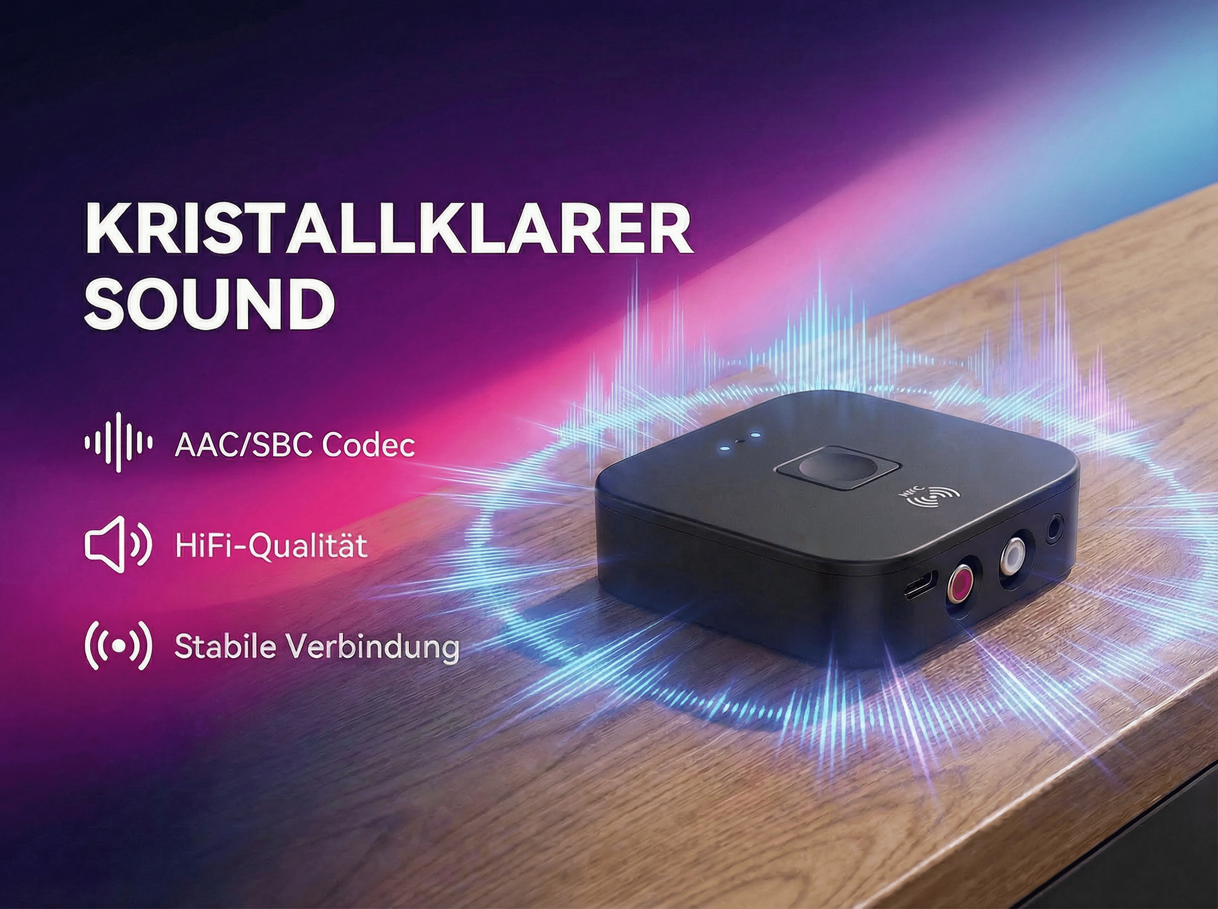 Schwarzer Audio-Adapter mit Symbolen für Codec, HiFi-Qualität und stabile Verbindung.