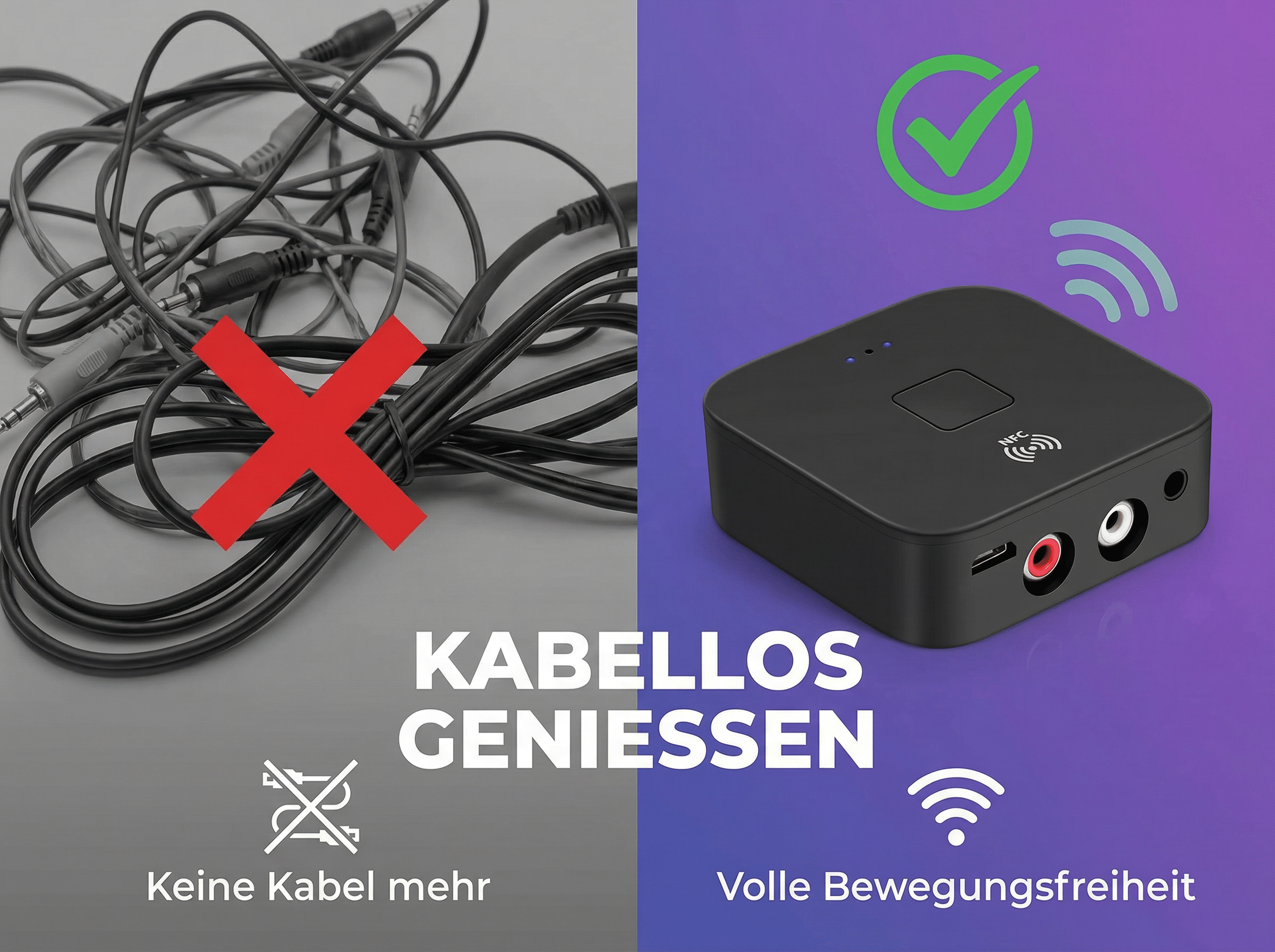 Kabelgewirr mit rotem Kreuz links, kabelloser Dongle rechts mit grüner Markierung.