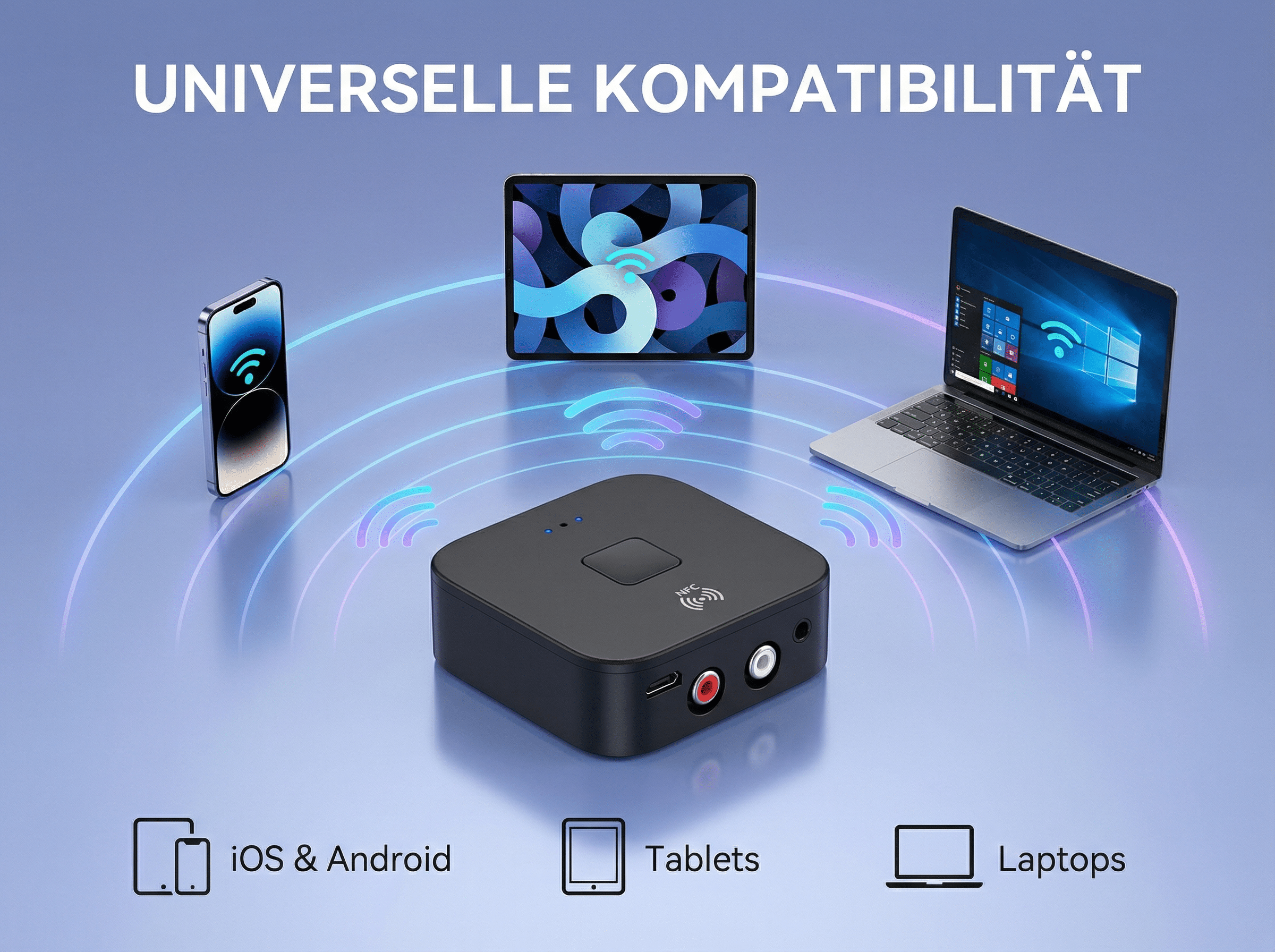 Schwarzer Empfänger verbindet Smartphone, Tablet und Laptop. Universelle Kompatibilität.