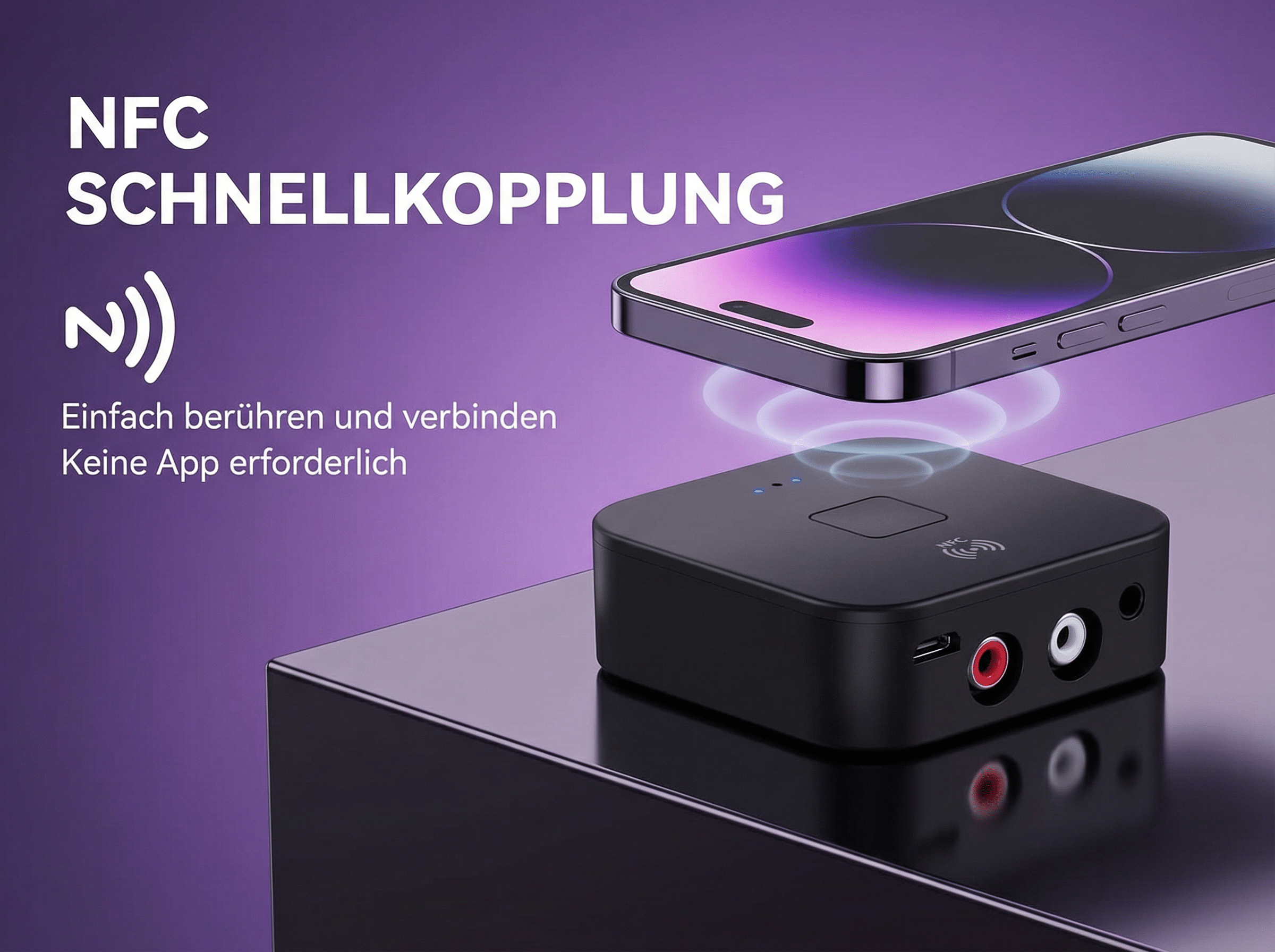 Ein Smartphone wird über NFC mit einem schwarzen Empfänger verbunden.