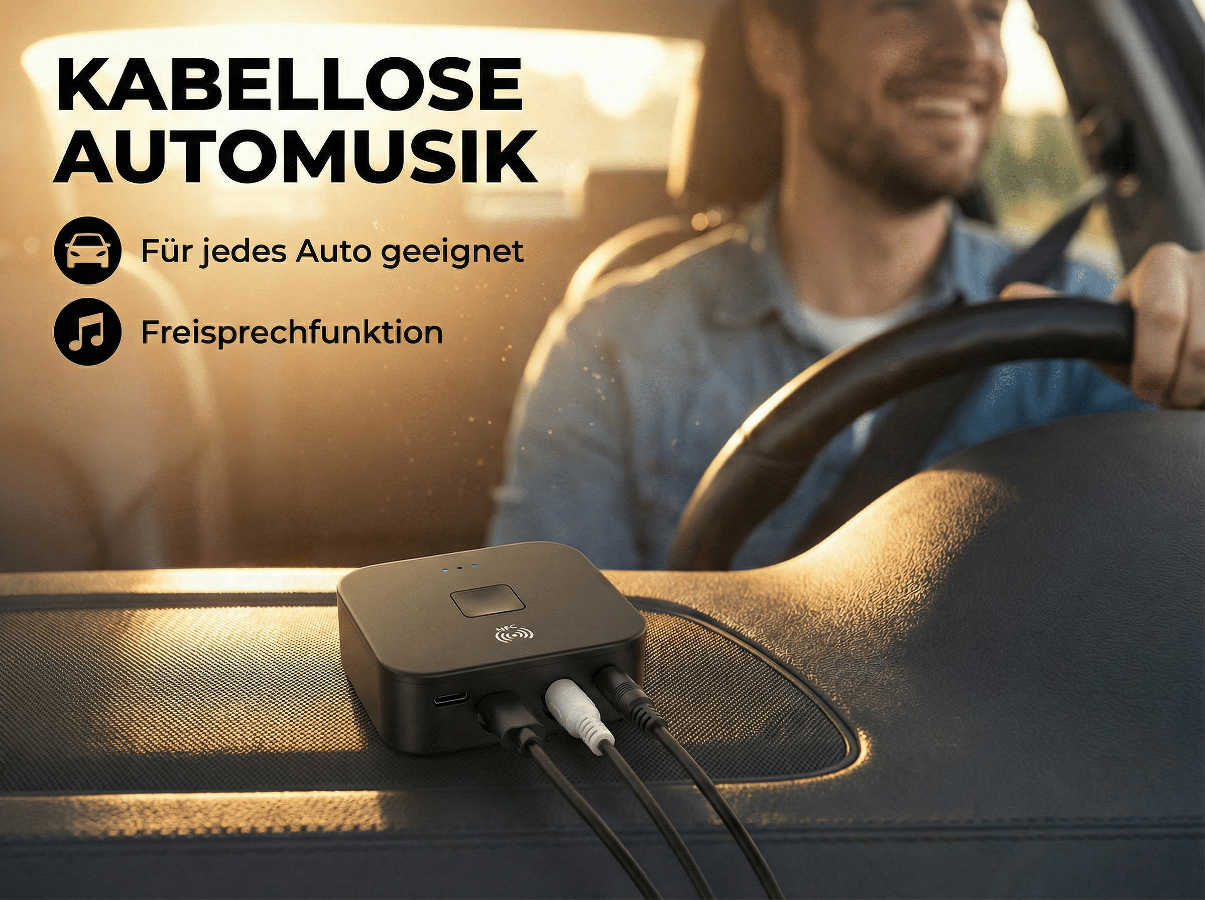 Ein Mann fährt Auto, das Gerät ist auf dem Armaturenbrett, mit Kabeln.