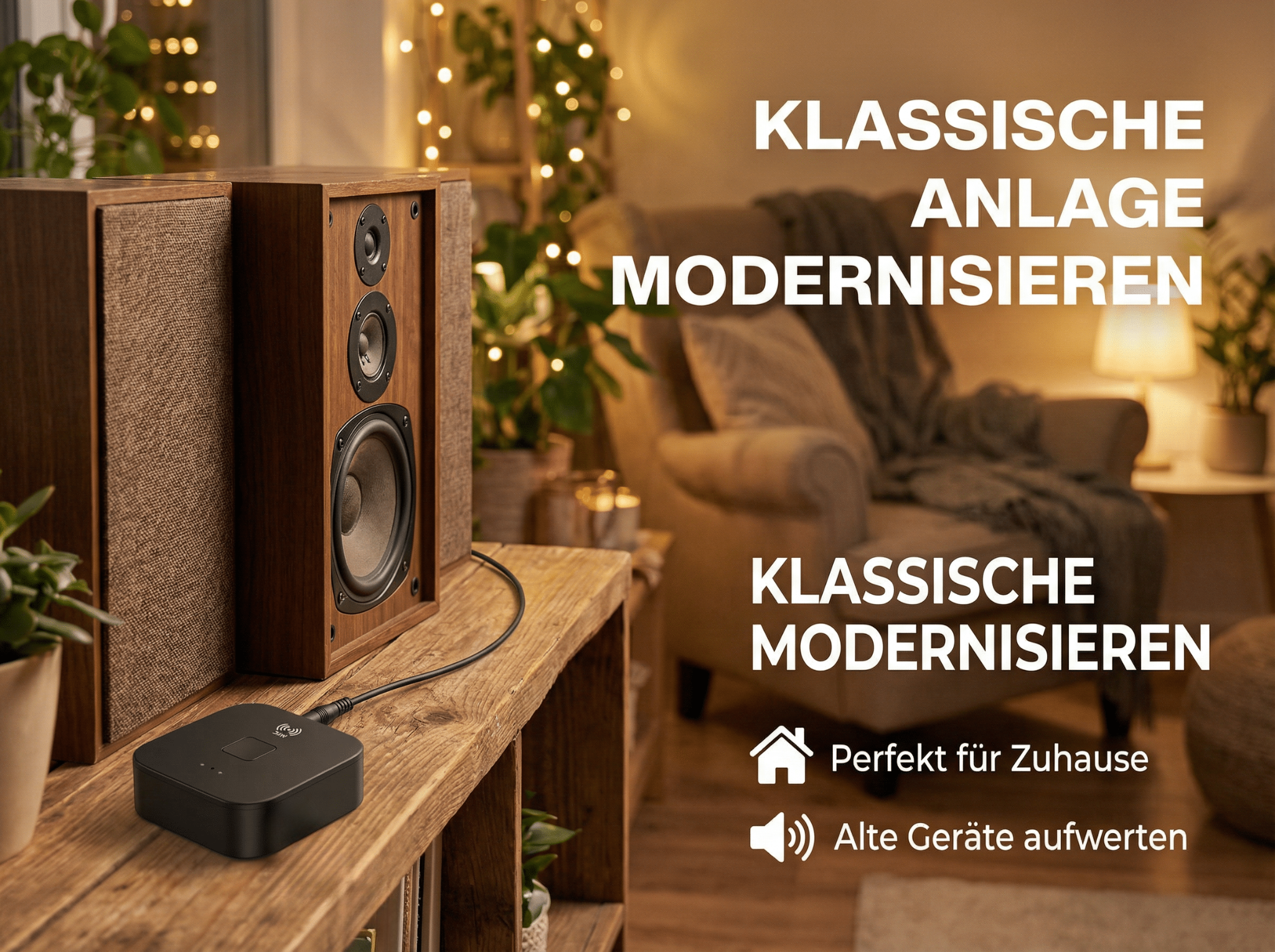 Ein Holz-Lautsprecher mit einem schwarzen Empfänger auf einem Regal. Gemütliches Ambiente.
