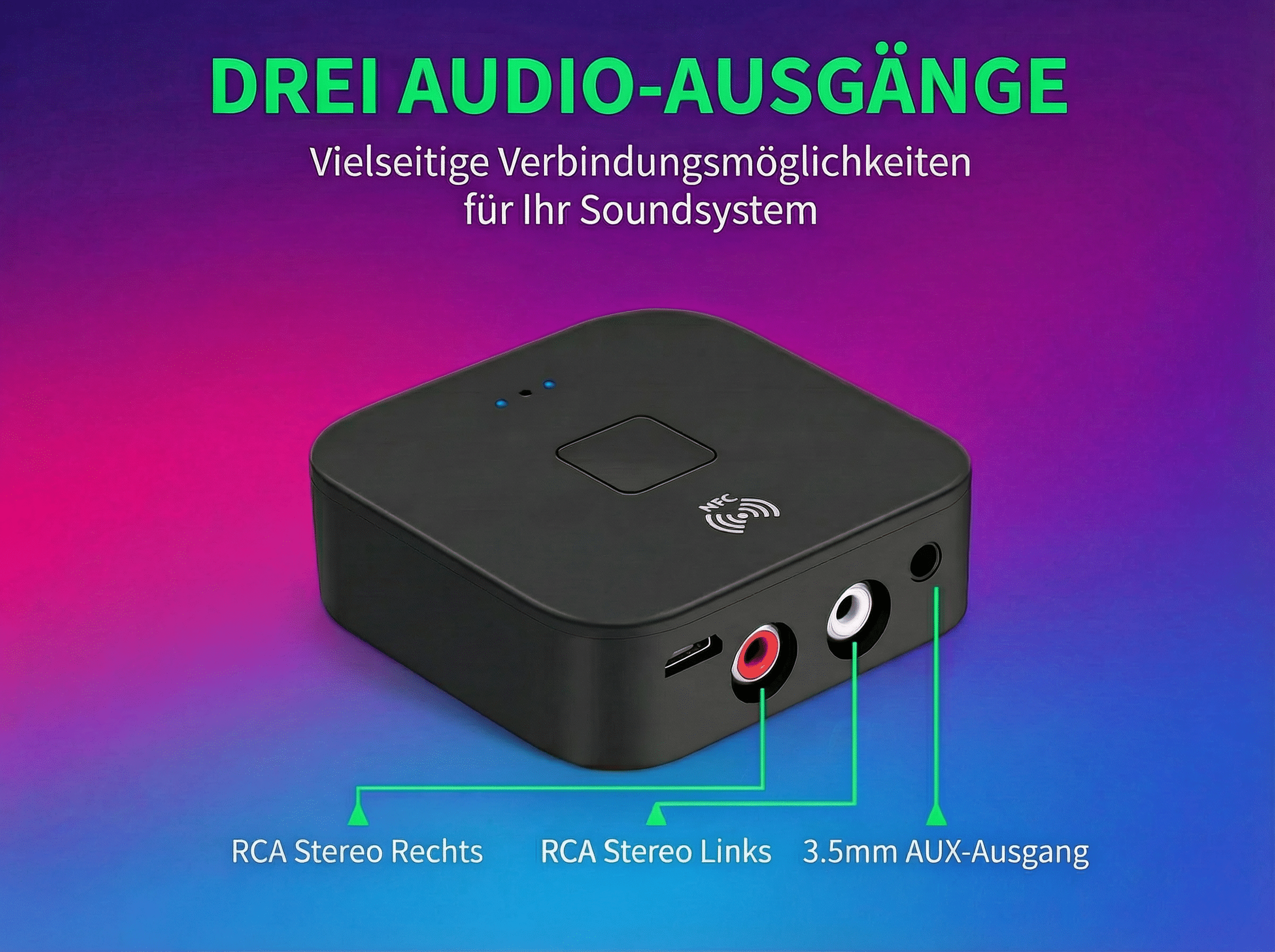 Schwarzer Audio-Adapter mit RCA- und AUX-Anschlüssen, beschriftet.