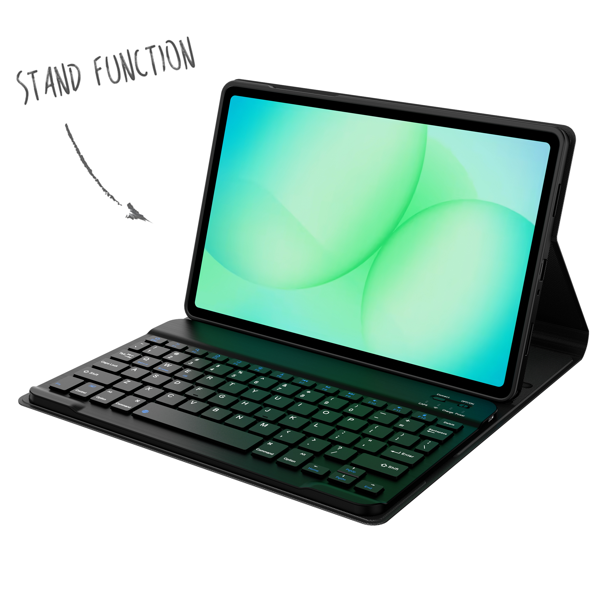 Een tablet in toetsenbordhoes, liggende weergave, met pijl en tekst 'Standfunctie'.