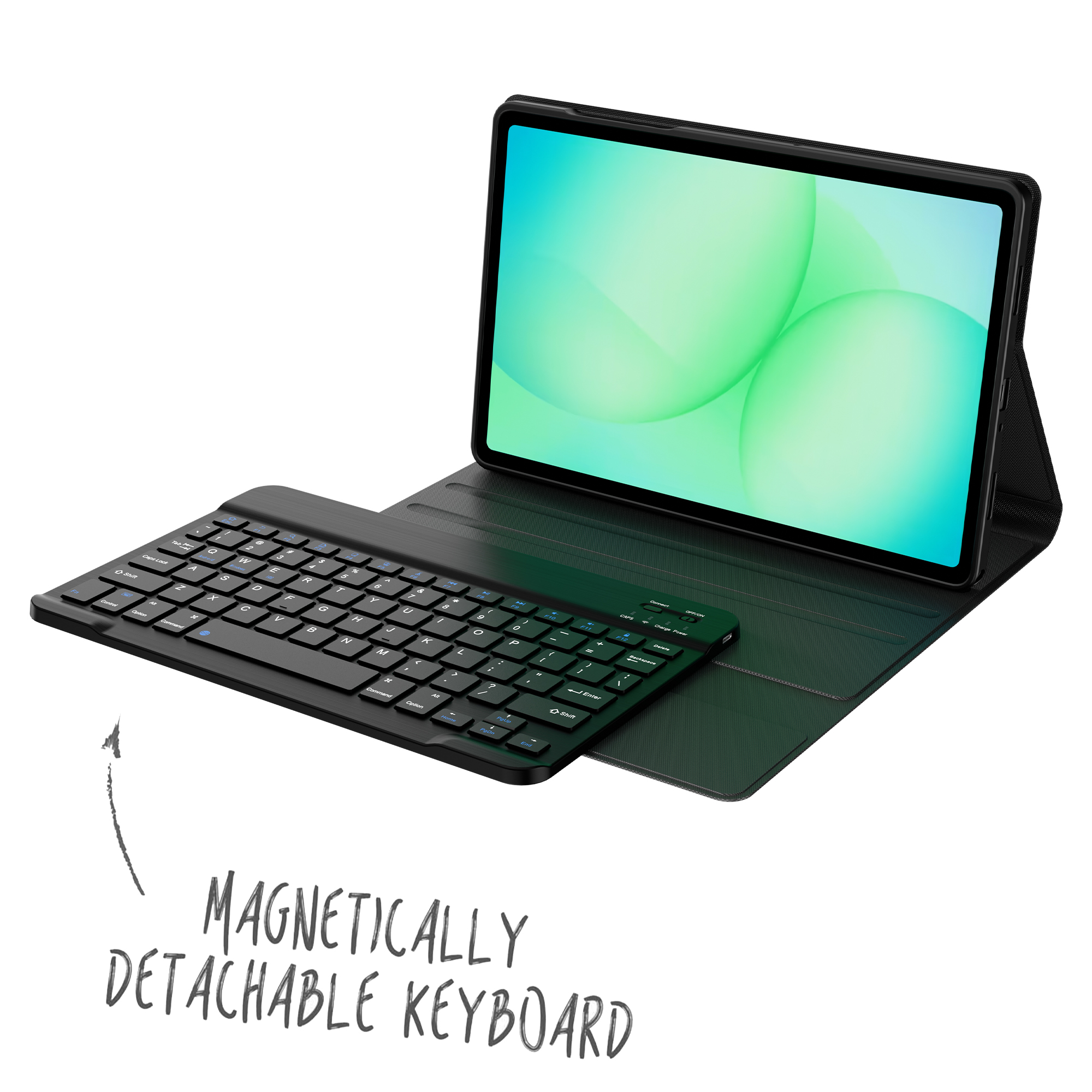 Een zwarte tablet met afneembaar toetsenbord en groene achtergrond.